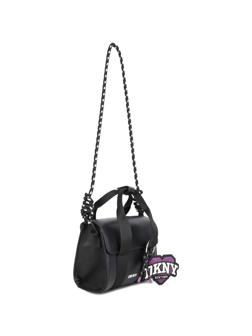 Handbag in simili con fantasia charms e stampa on davanti. Magnetic chiusura. Two possible ways to carry this bag : removable strap e handles. Colored fodera. Dimensions : 14.5x17.5x7cm. D62932 09B DKNY KIDS