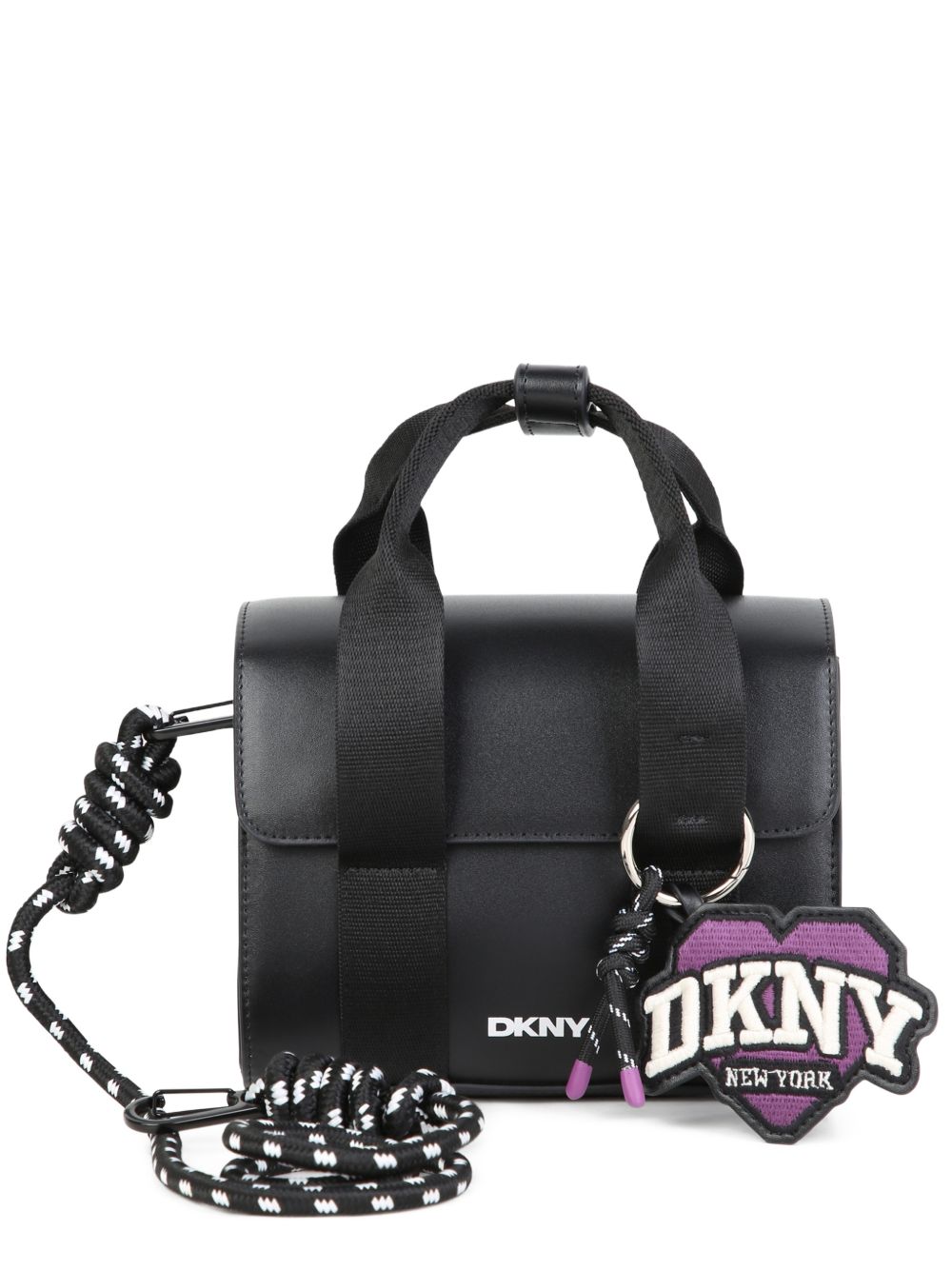 Handbag in simili con fantasia charms e stampa on davanti. Magnetic chiusura. Two possible ways to carry this bag : removable strap e handles. Colored fodera. Dimensions : 14.5x17.5x7cm. D62932 09B DKNY KIDS
