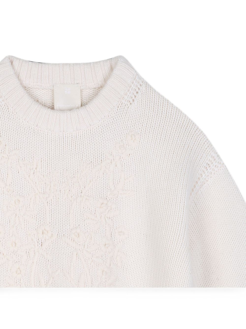 In maglia felpa in 80% wool e 30% cashmere. Floral pattern handmade ricamo at davanti. Tone on tone givenchy logo ricamo at retro. H31324 117 GIVENCHY KIDS