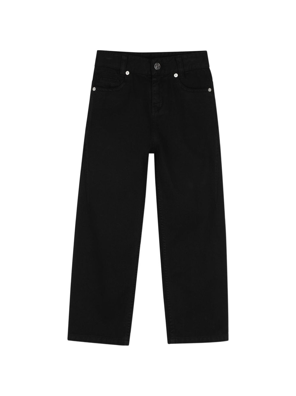 Cotton drill pantaloni, black or white color overdyed. Straight fit, givenchy logo embossed silver color printed leather flap label at retro vita. Tone on tone givenchy logo ricamo at retro tasca. H31400 09B GIVENCHY KIDS