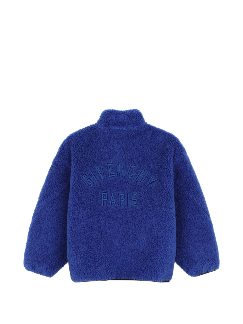 Bi faces cardigan, face side in faux shearling blue color, retro side in jersey black color. Zipped middle davanti. Givenchy logo ricamo at retro. H31403 865 GIVENCHY KIDS