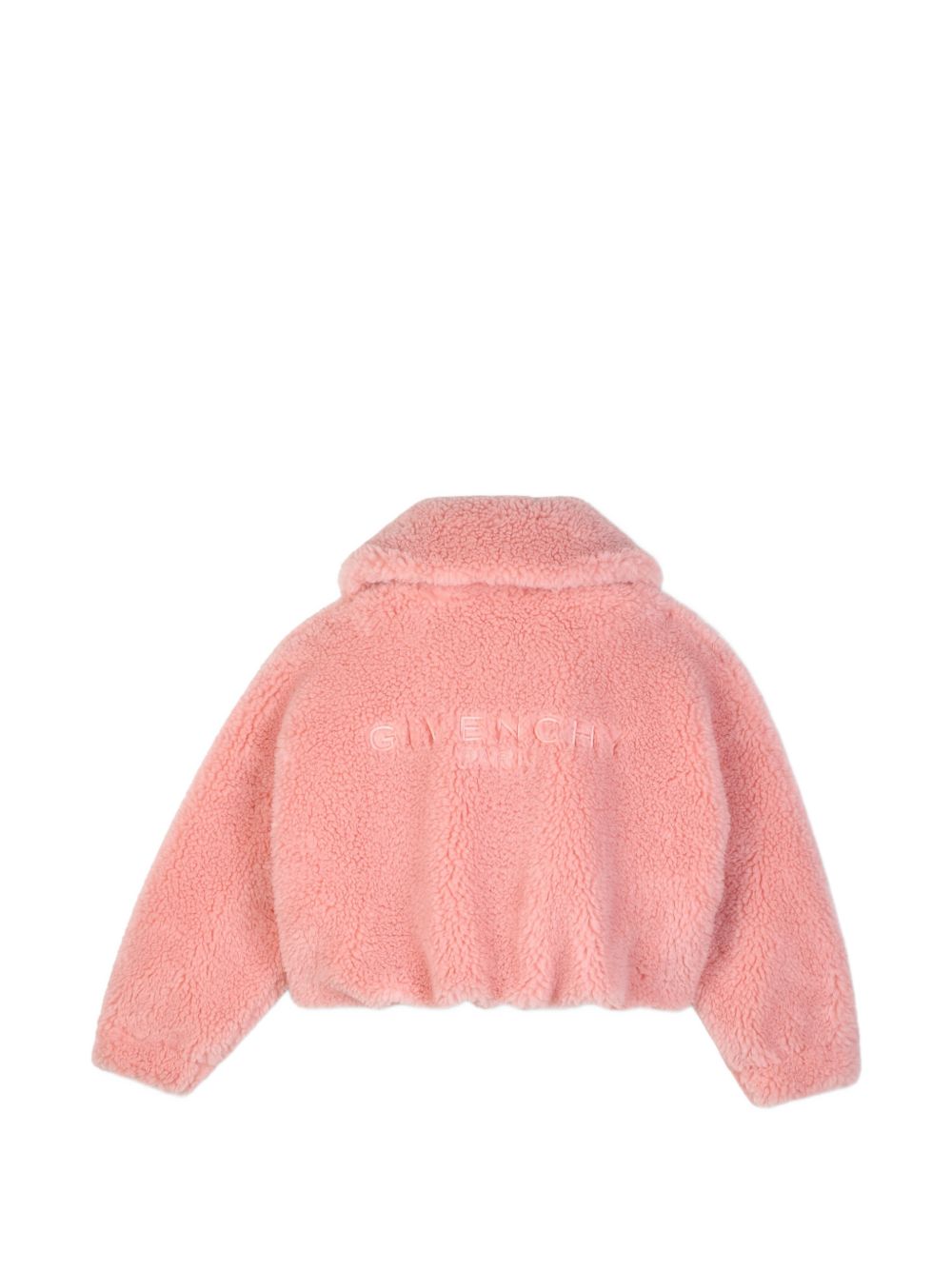 Polyester faux shearling bomber jacket, lined in color contrasted off white polyester nylon. Bubble shape adjusted at body fondo. Zipped middle davanti. Color contrasted givenchy logo ricamo at retro. H31425 46G GIVENCHY KIDS