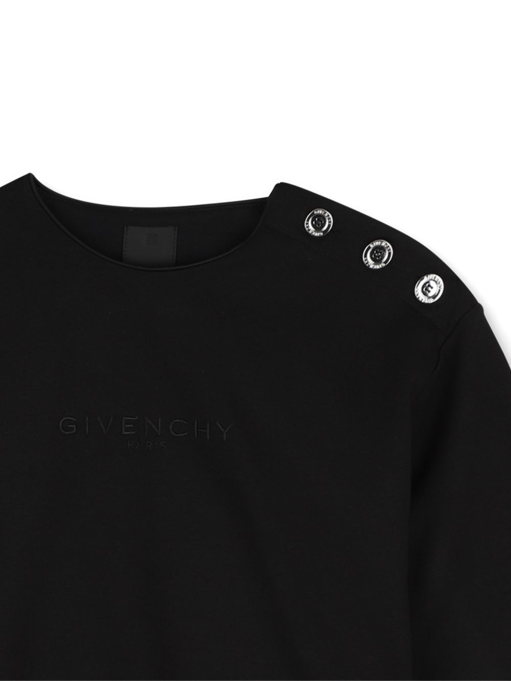 Cotton modal elastane polyamide milano sweatshirt. Sateen tapes detail on twisted maniche. Silver color button at spalla opening. Givenchy logo ricamo at davanti. H31560 09B GIVENCHY KIDS