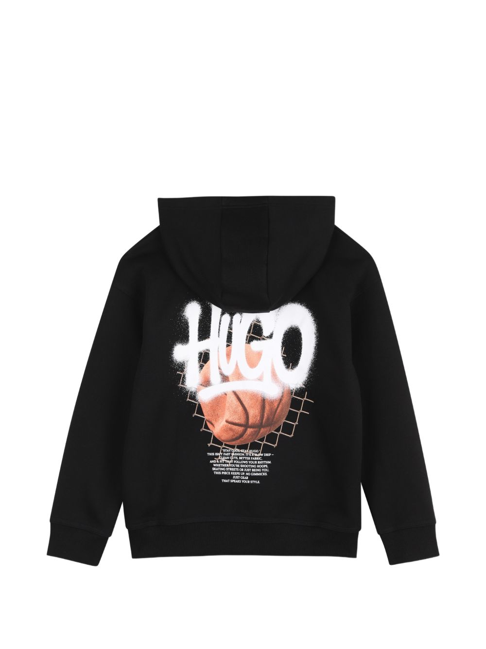 Brushed cotton polyester fleece hoodie, kangaroo tasca sul davanti, fantasia logo printed sul davanti, elastico hem e polsini, a contrasto cappuccio fodera, illustrazione fantasia printed sul retro. Vestibilità morbida G01234 09B HUGO KIDS