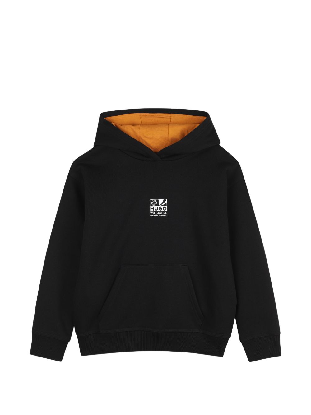 Brushed cotton polyester fleece hoodie, kangaroo tasca sul davanti, fantasia logo printed sul davanti, elastico hem e polsini, a contrasto cappuccio fodera, illustrazione fantasia printed sul retro. Vestibilità morbida G01234 09B HUGO KIDS