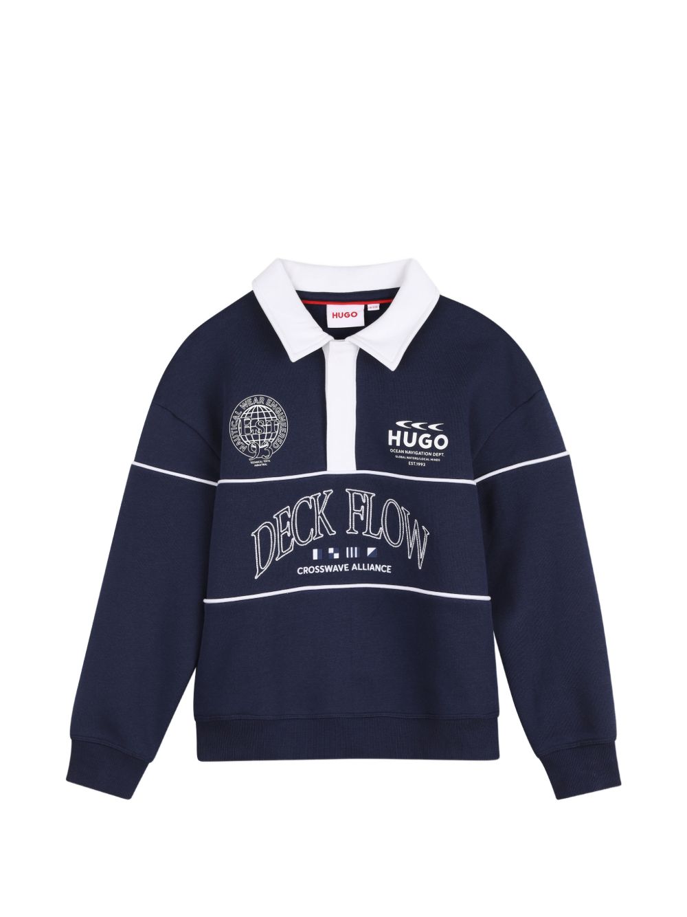 Polo neck sweatshirt in brushed cotton polyester fleece, chiusura con bottoni automatici al collar, piped cutouts al maniche e davanti, fantasia prints sul davanti, elastico fondo e polsini, vestibilità morbida G01237 85C HUGO KIDS