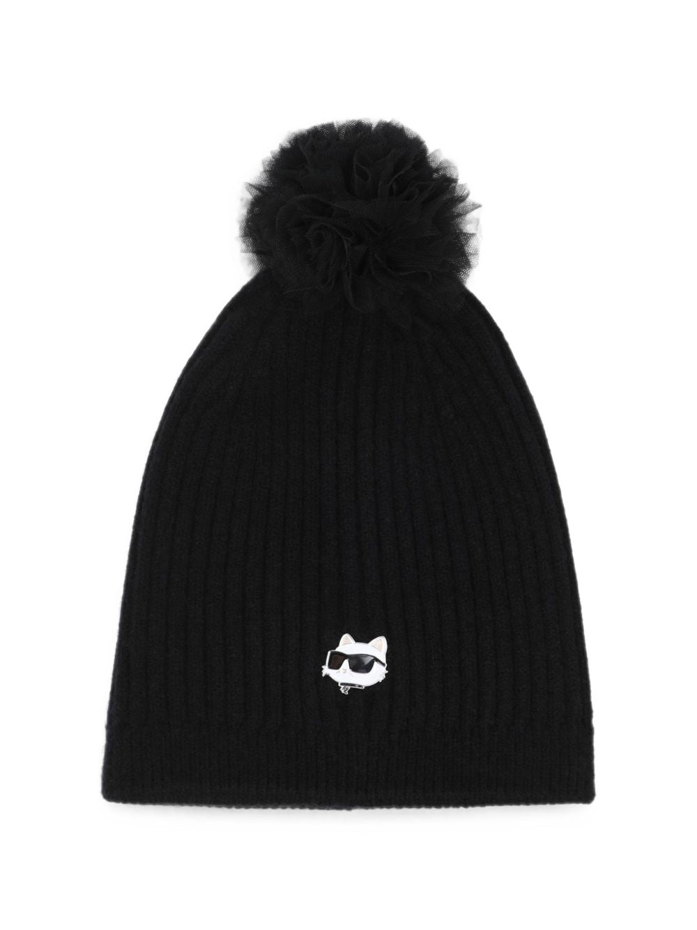 Knit beanie in double layer. Pompom in mesh e choupette badge. Rubber branded label on side. (pc/pa/pl) Z31425 09B KARL LAGERFELD KIDS