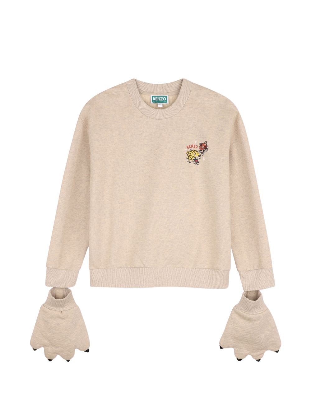 Sweatshirt in unbrushed fleece (98% cotton, 2% polyester), branded stampa on chest e nel retro. Removable tiger paw-shaped mittens con snap fastener. K61958 230 KENZO KIDS