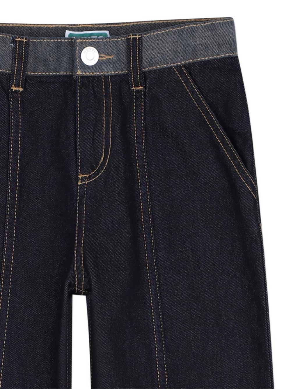 Pantaloni in denim (100% cotton), straight fit, cut-outs on davanti, side tasche e applicato contrasted tasche nel retro, contrasted topstitch, branded label nel retro. K61962 Z35 KENZO KIDS