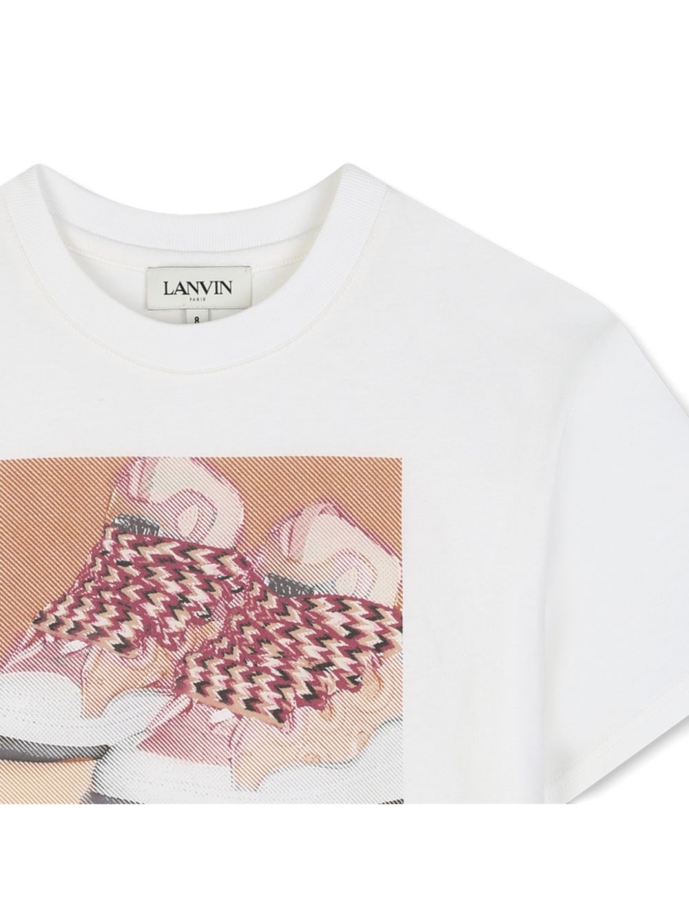 Cotton from organic farming jersey t-shirt con tone-on-tone ribbed scollo. Illustrazione fantasia inspired by curb trainer con lanvin signature in digital stampa. N30396 117 LANVIN KIDS