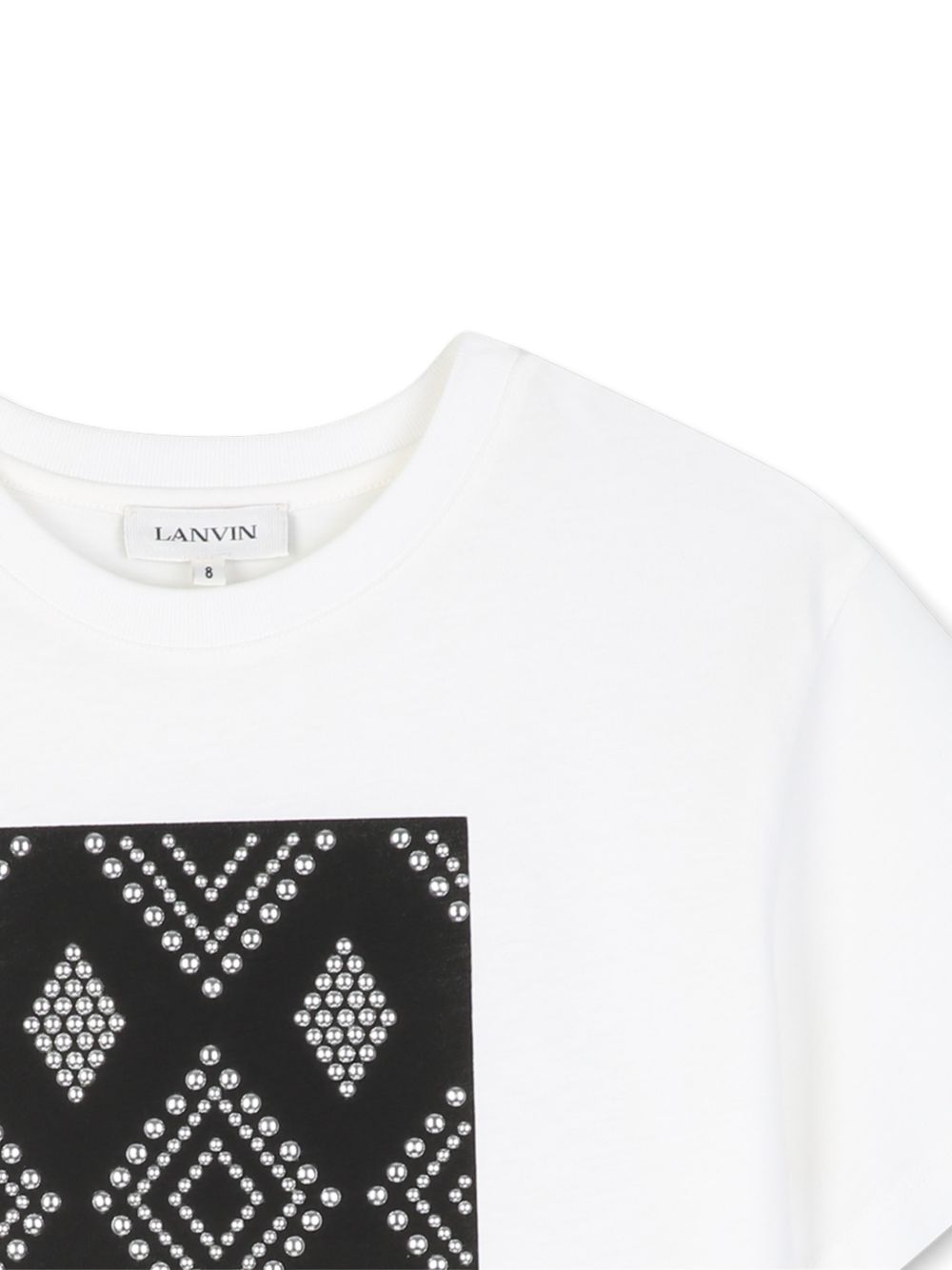 Cotton from organic farming jersey t-shirt con tone-on-tone ribbed scollo. Art deco-inspired motif created con decorative silver metal borchie on a a contrasto printed background. Lanvin branding printed sul davanti. N30399 117 LANVIN KIDS
