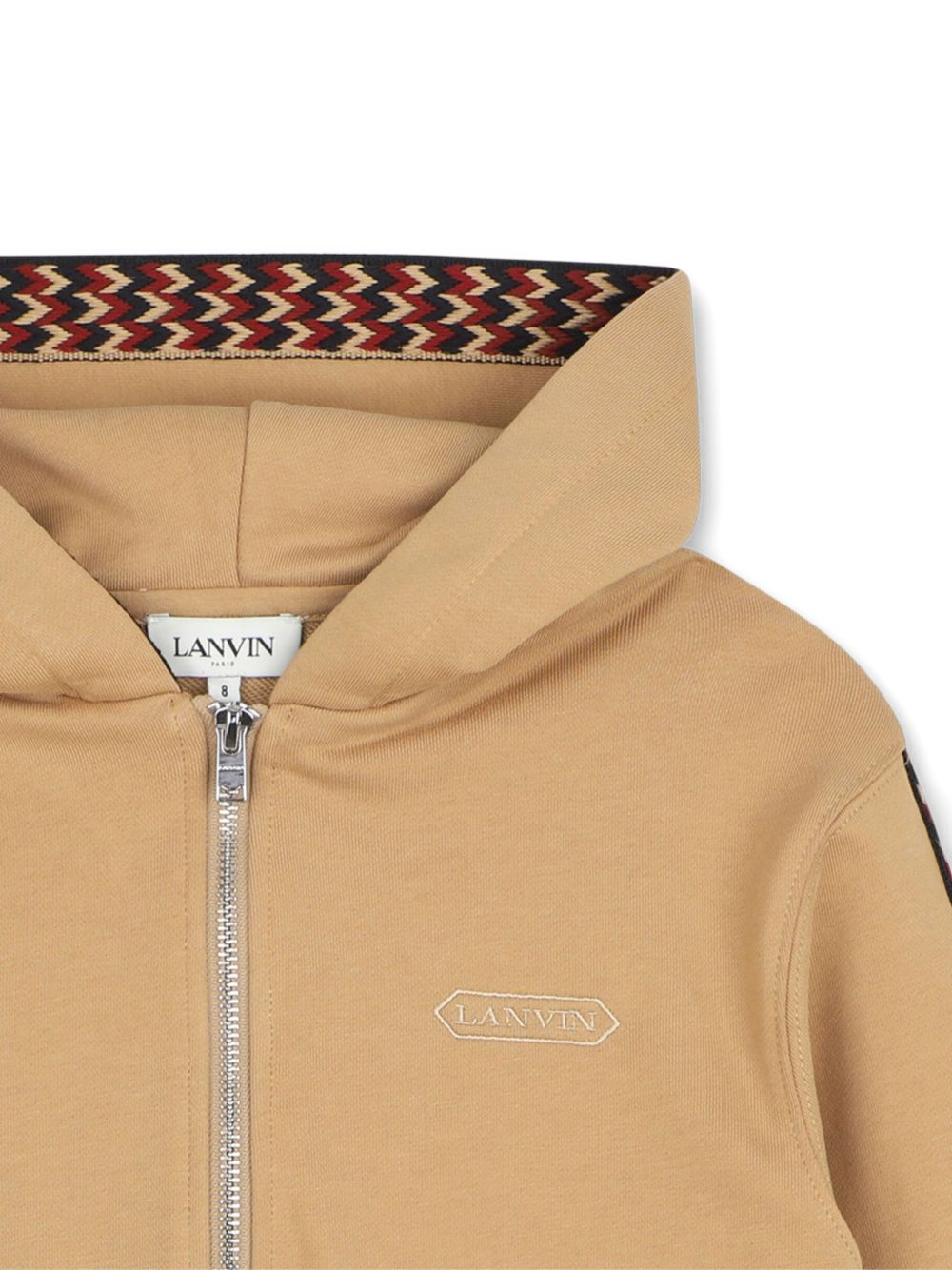 Cotton from organic farming cotone garzato con cappuccio cardigan, cappuccio lined in jersey. Curb braid applied to side of maniche e inside cappuccio. Tone-on-tone lanvin brand ricamo sul davanti e in a contrasto color sul retro. N30424 276 LANVIN KIDS
