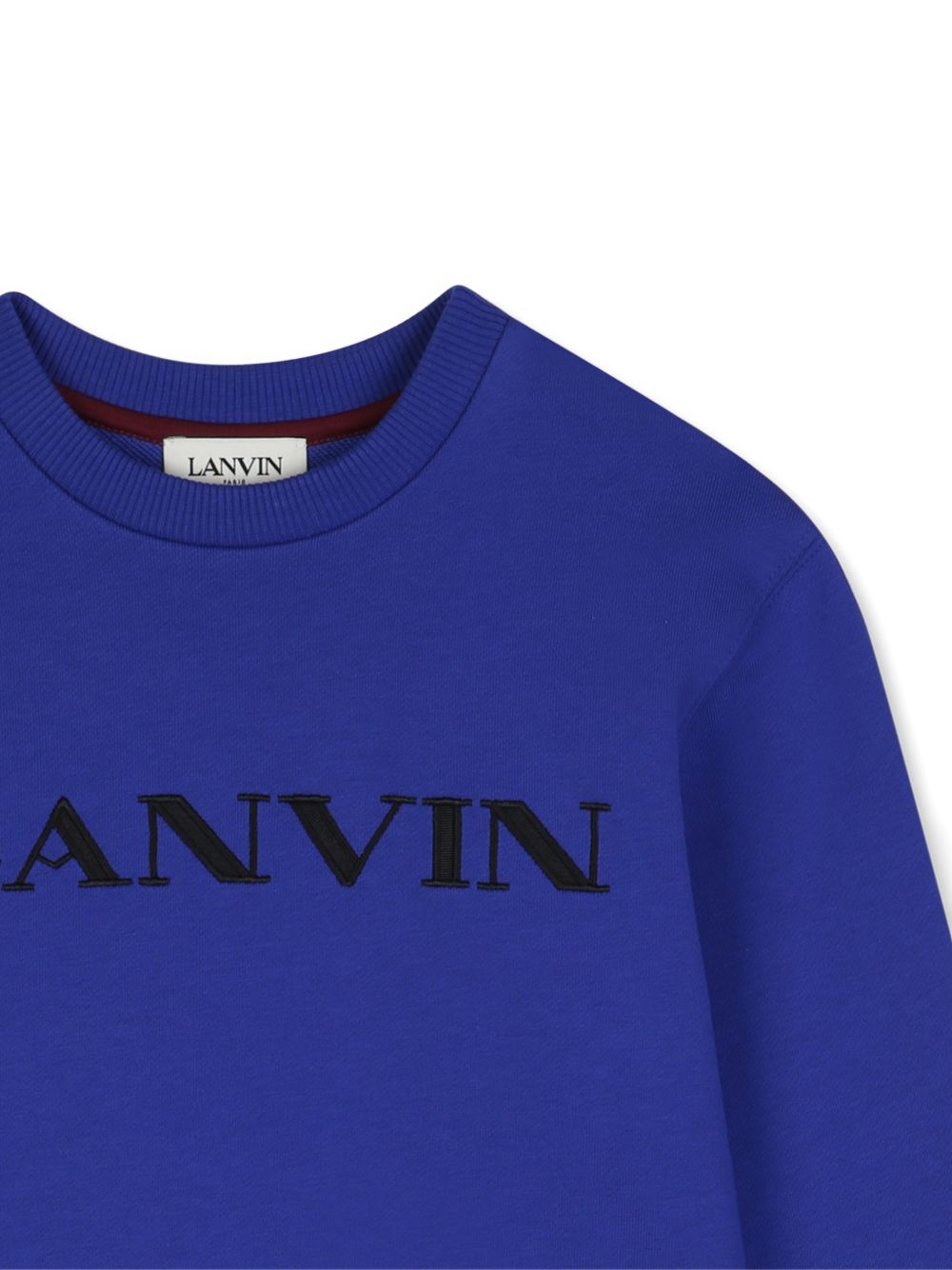 Cotton from organic farming cotone garzato crewneck sweatshirt, hexagonal embossed lanvin label in a contrasto faux leather sul retro of collar, e signature ricamo con grosgrain appliqué sul davanti. Ricamo from adult collection. N30436 80A LANVIN KIDS