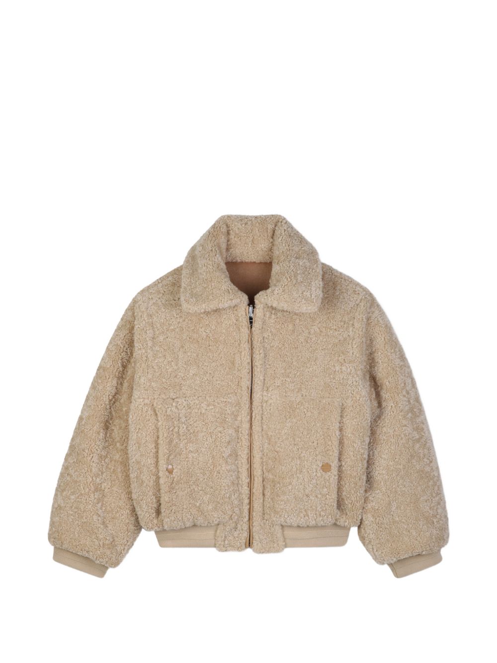 Faux leather e wool reversible jacket on one side, sherpa synthetic fur sul other, reversible zip chiusura, bicolore ribbed trim. Wool side: flap patch tasche con branded enamelled chiusura con bottoni automatici, faux leather label on davanti con la N30447 287 LANVIN KIDS
