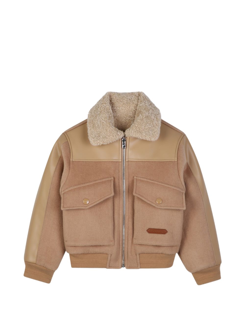 Faux leather e wool reversible jacket on one side, sherpa synthetic fur sul other, reversible zip chiusura, bicolore ribbed trim. Wool side: flap patch tasche con branded enamelled chiusura con bottoni automatici, faux leather label on davanti con la N30447 287 LANVIN KIDS