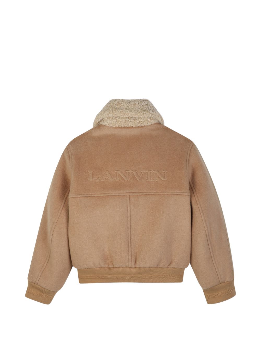 Faux leather e wool reversible jacket on one side, sherpa synthetic fur sul other, reversible zip chiusura, bicolore ribbed trim. Wool side: flap patch tasche con branded enamelled chiusura con bottoni automatici, faux leather label on davanti con la N30447 287 LANVIN KIDS