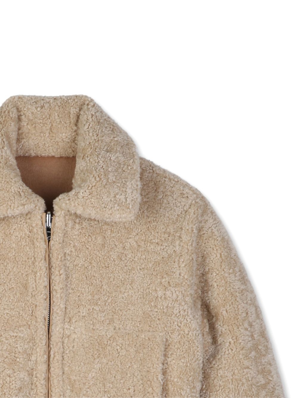 Faux leather e wool reversible jacket on one side, sherpa synthetic fur sul other, reversible zip chiusura, bicolore ribbed trim. Wool side: flap patch tasche con branded enamelled chiusura con bottoni automatici, faux leather label on davanti con la N30447 287 LANVIN KIDS