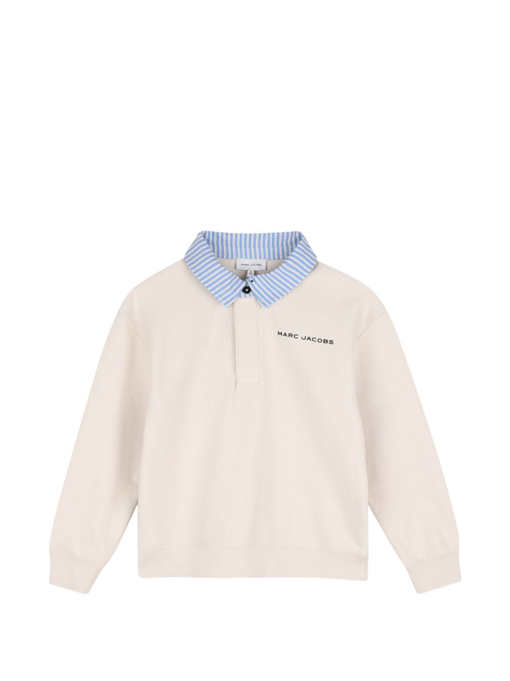 Organic cotton fleece sweatshirt con an elegant yet sporty style, featuring a a contrasto a righe polo collar con button, ribbed polsini, e a large marc jacobs illustrazione sul retro. A perfect blend of comfort e sophistication. W61038 24B MARC JACOBS KIDS