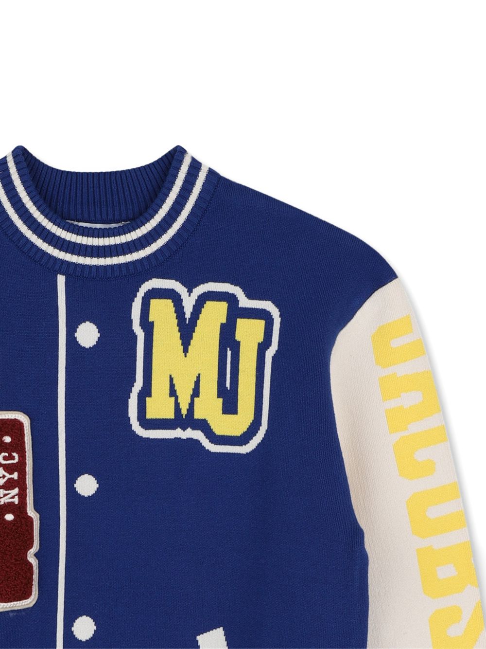 Knit felpa con a trompe-l'oeil cardigan effect. Boucle ricamo sul davanti. Jacquard illustrations sul davanti, maniche, e retro. W61043 841 MARC JACOBS KIDS
