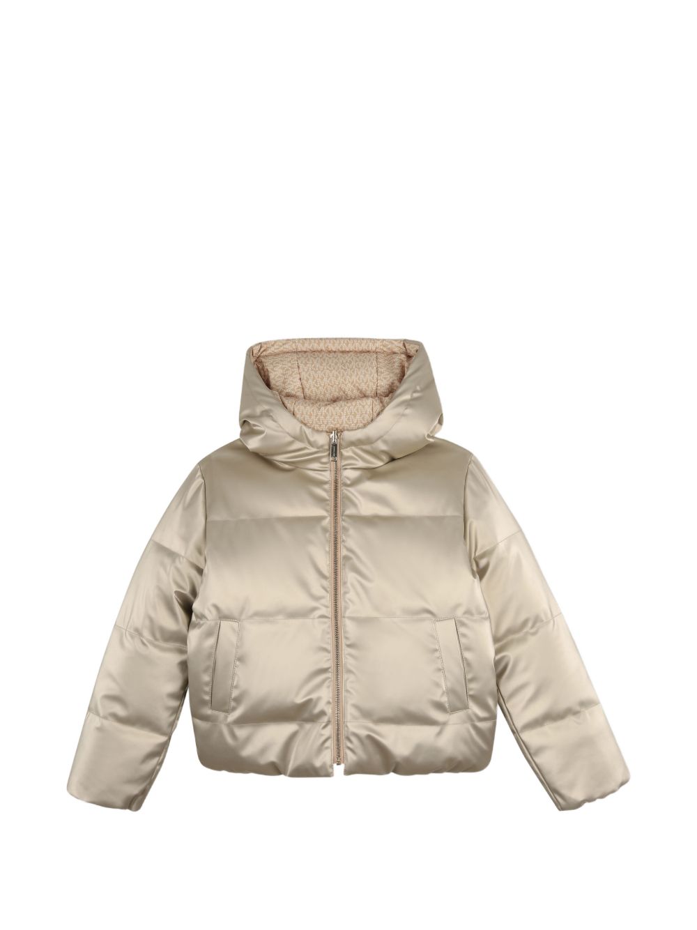 100%pl reversible con cappuccio down jacket. Signature davanti zip opening. One side «mk signature» stampa con side tasche. One side plain con zipped davanti tasche e imitation «mk» badge on one manica. R30692 301 MICHAEL KORS KIDS