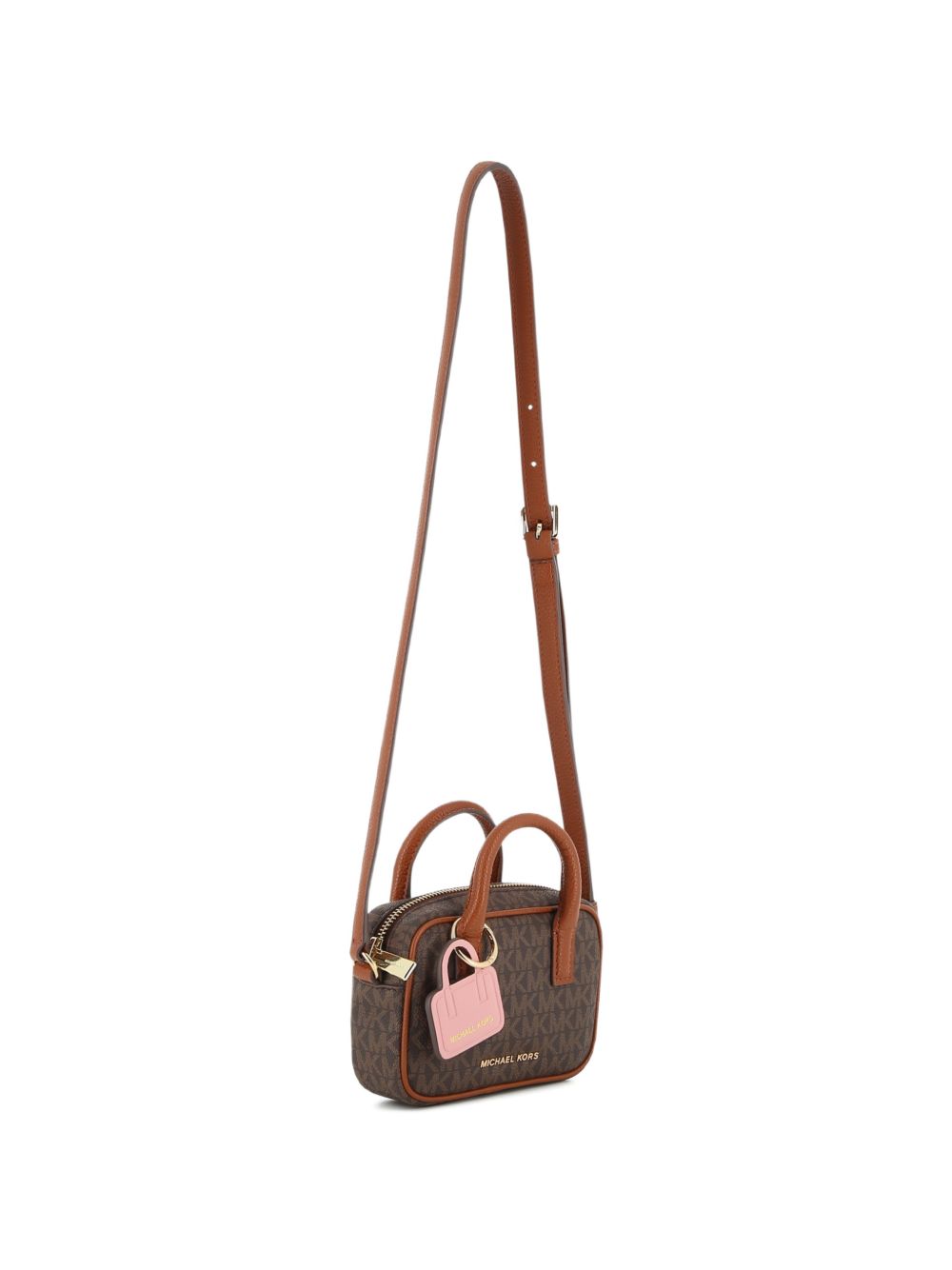 Handbag in monogram grained simili e grained simili con its removable bag key charm. Branded metal plate. Regolabile spalla strap in grained simili con gold buckles. Branded metal zip chiusura. Dimensions : 15x10x4.5cms. R30817 340 MICHAEL KORS KIDS