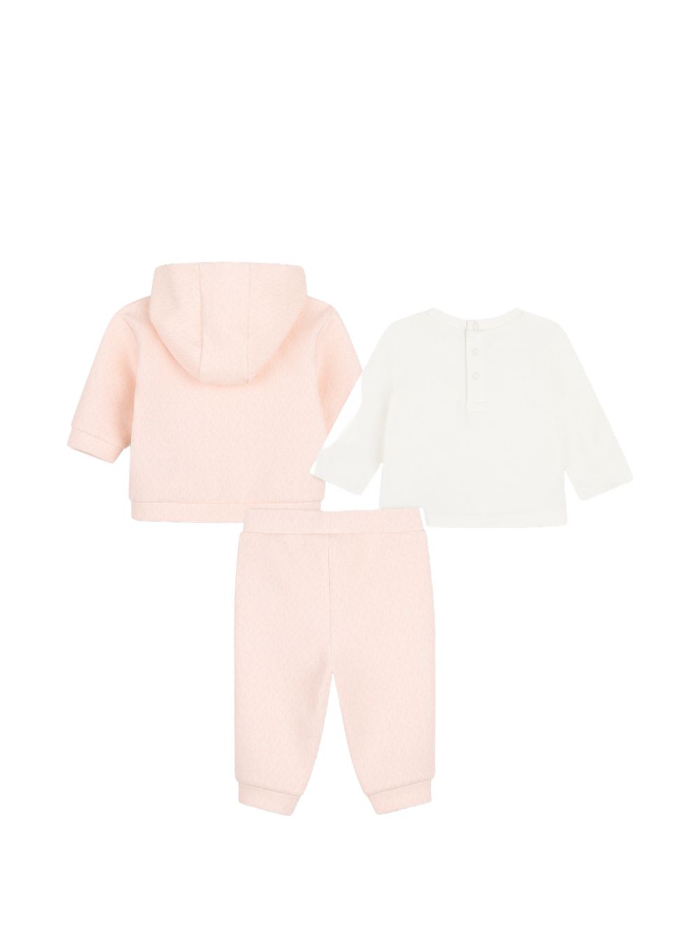 Set of double jersey cardigan e pantaloni, e long-sleeved jersey t-shirt. Con cappuccio cardigan con davanti zip opening e a "mk signature" all-over stampa. T-shirt con snap closures al retro e a "mk charm" effetto metallizzato pink stampa sul chest. R30838 46M MICHAEL KORS KIDS