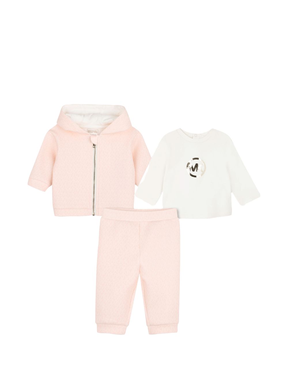 Set of double jersey cardigan e pantaloni, e long-sleeved jersey t-shirt. Con cappuccio cardigan con davanti zip opening e a "mk signature" all-over stampa. T-shirt con snap closures al retro e a "mk charm" effetto metallizzato pink stampa sul chest. R30838 46M MICHAEL KORS KIDS