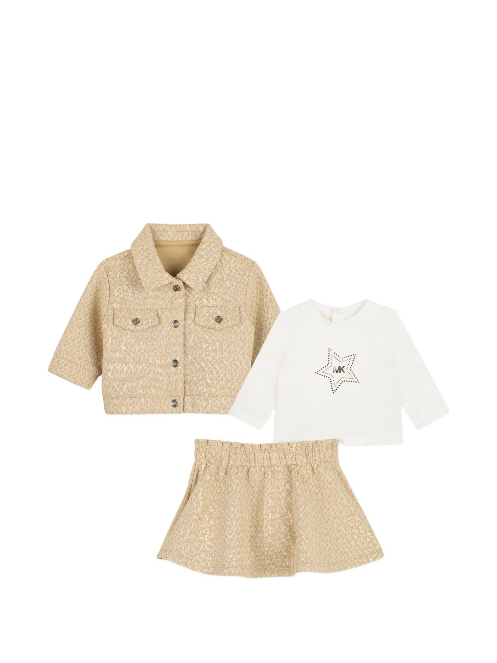 Three pieces set. Cardigan e gonna in double jersey con «mk signature» all-over stampa, e t-shirt in jersey. Cardigan con branded zip chiusura sul davanti, gonna con vita elastica. Plain color maniche lunghe t-shirt con snaps chiusura sul retro. Br R30839 22C MICHAEL KORS KIDS