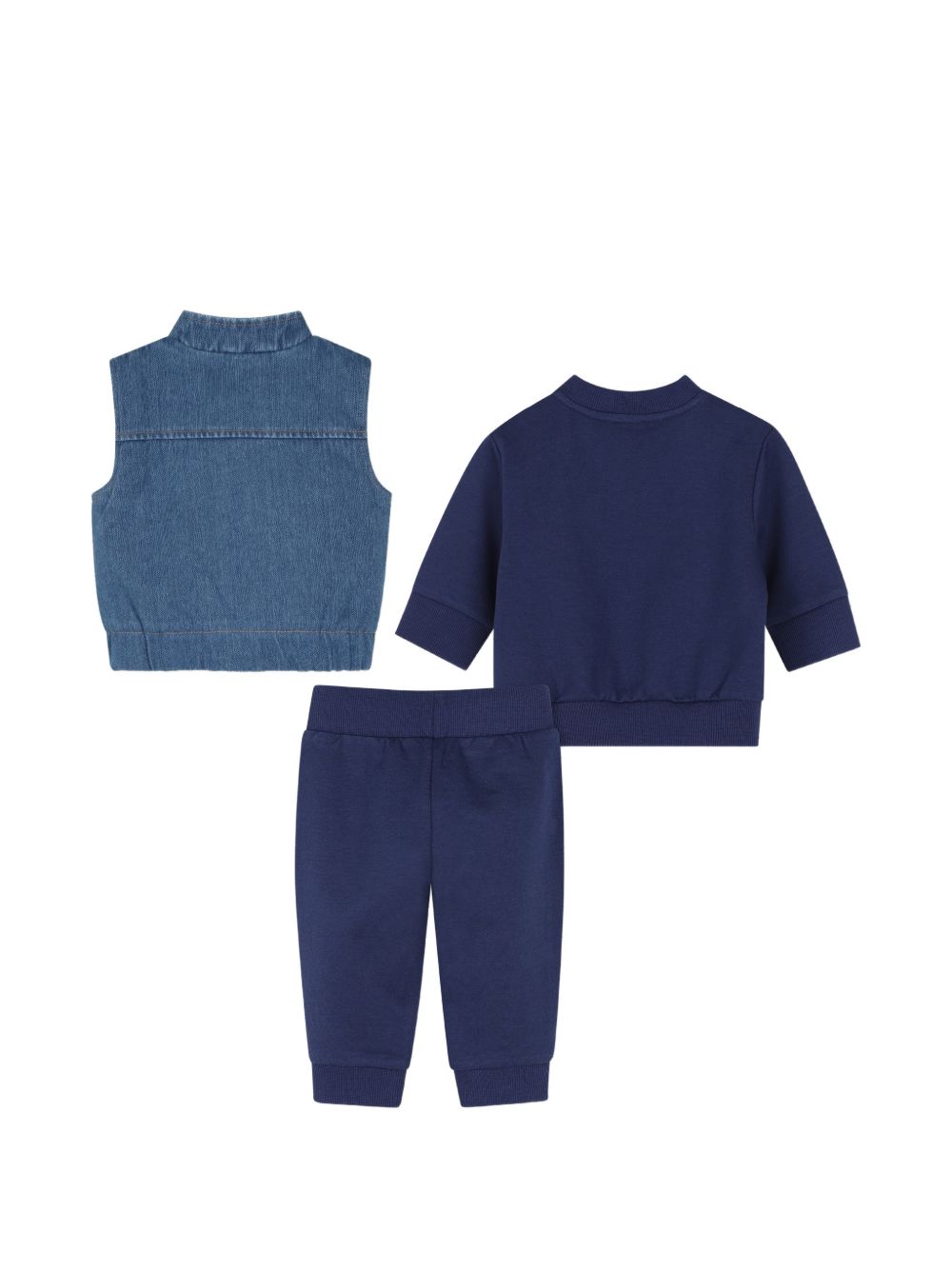Pantaloni + sweatshirt + sleveless jacket set. 95% cotton from organic farming / 5% elastane brushed cotone garzato sweatshirt e pantaloni, printed logo on davanti e top left leg. 89% cotton / 11% elastane knit denim sleveless jacket, elastico fondo, T61016 84N TIMBERLAND KIDS