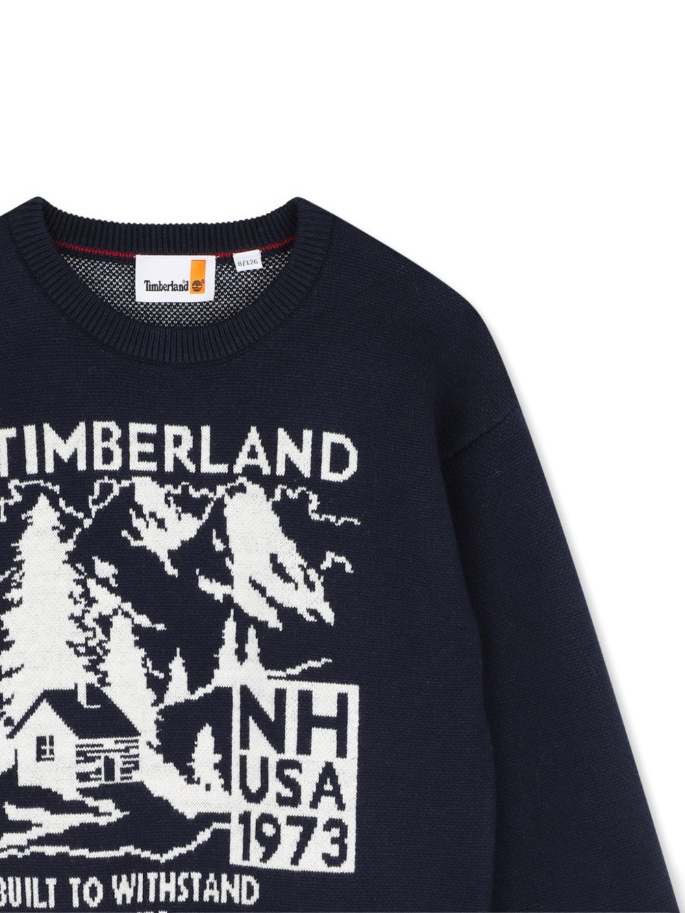 85% cotton / 15% polyester in maglia felpa, jacquard illustrazione on davanti, printed logo on paper label at fondo. T61084 849 TIMBERLAND KIDS