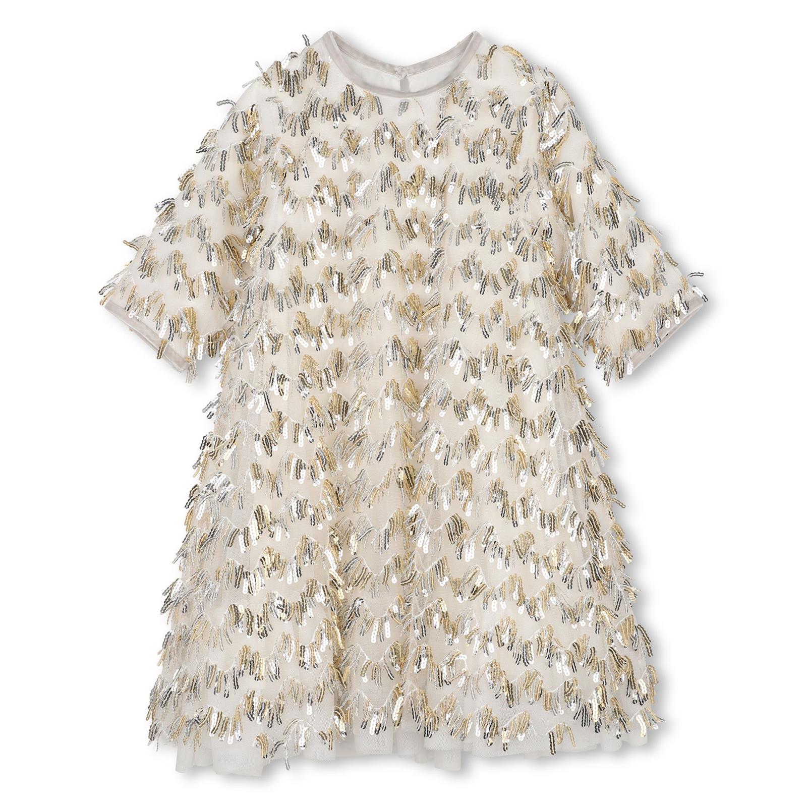 Ceremony vestito in mesh con paillettes fringes, fodera, maniche corte, mesh ruffle al fondo, chiusura con bottoni al retro. U22354 T07 BILLIE BLUSH KIDS