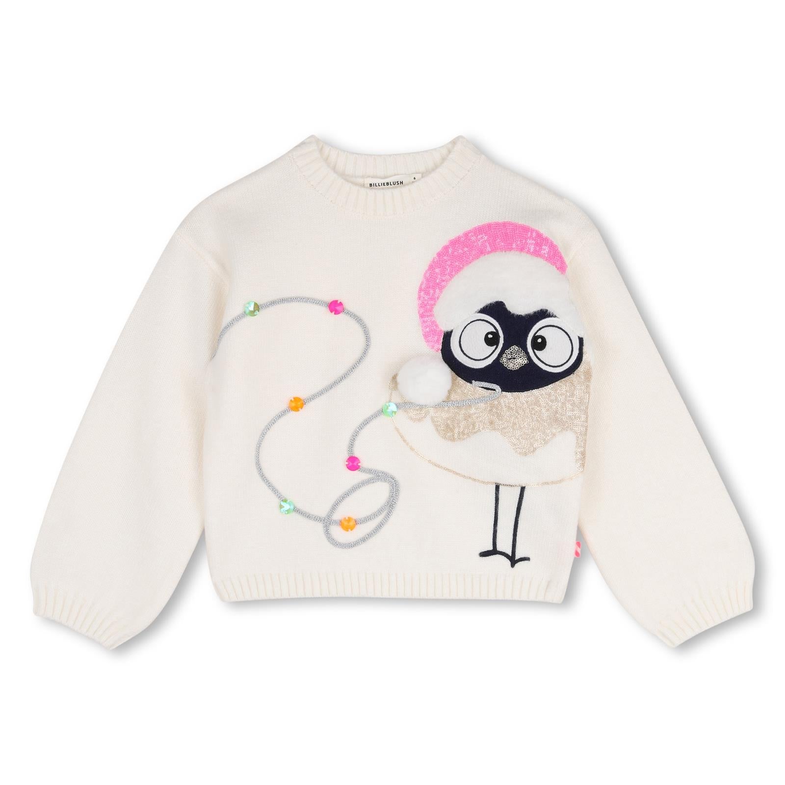 Christmas knit maglione, jacquard illustrazione sul davanti, paillettes, cabochons e pompom, lucido ribbed edges. U22471 121 BILLIE BLUSH KIDS