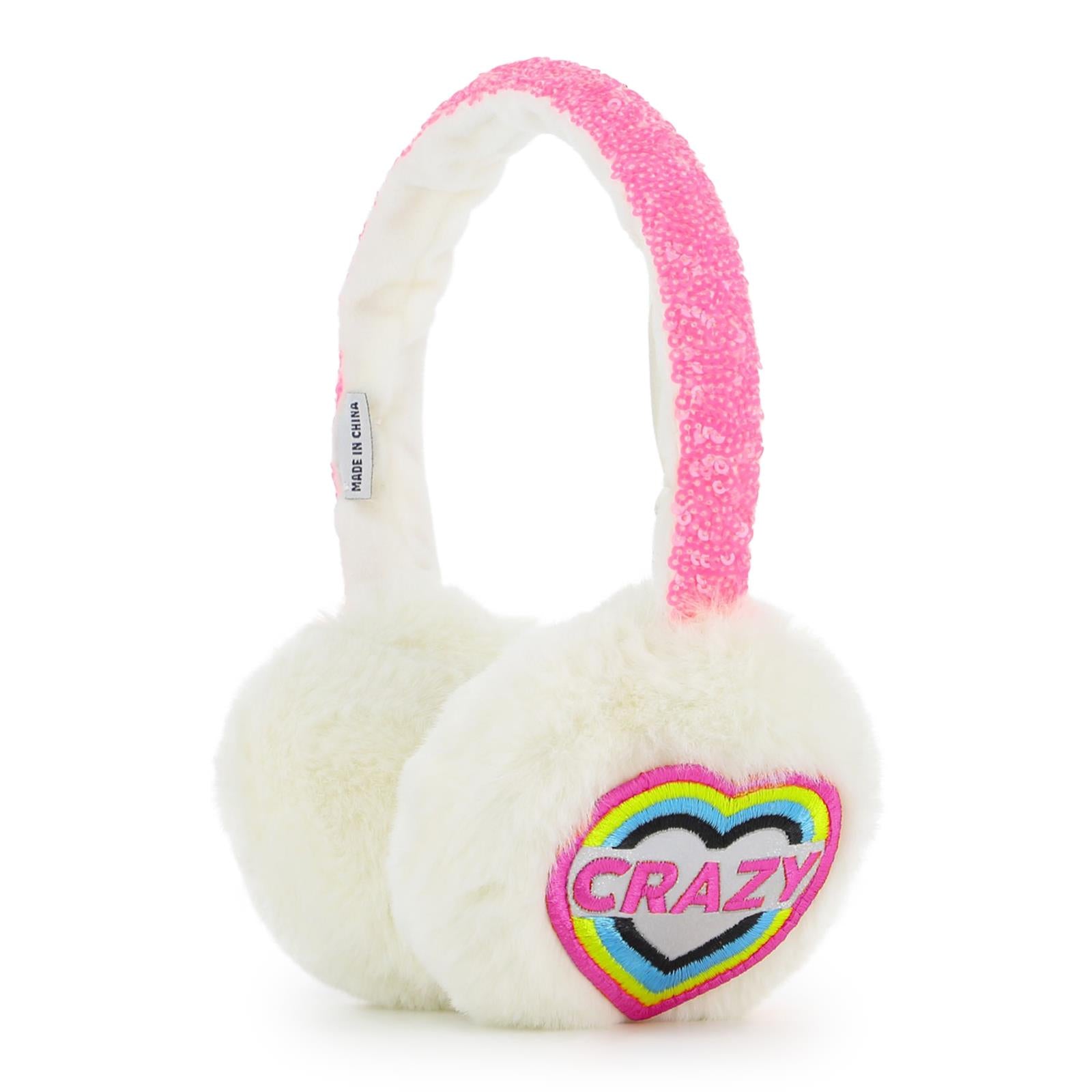 Fake fur earmuffs. Cuore ricamato badge con aspect metalic threads. Frame in plastic con paillettes. A righe woven label. U22495 121 BILLIE BLUSH KIDS