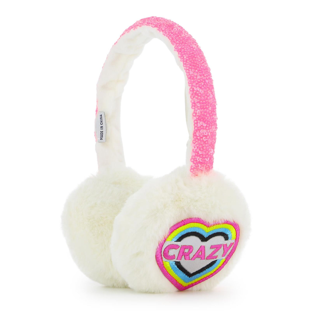 Fake fur earmuffs. Cuore ricamato badge con aspect metalic threads. Frame in plastic con paillettes. A righe woven label. U22495 121 BILLIE BLUSH KIDS