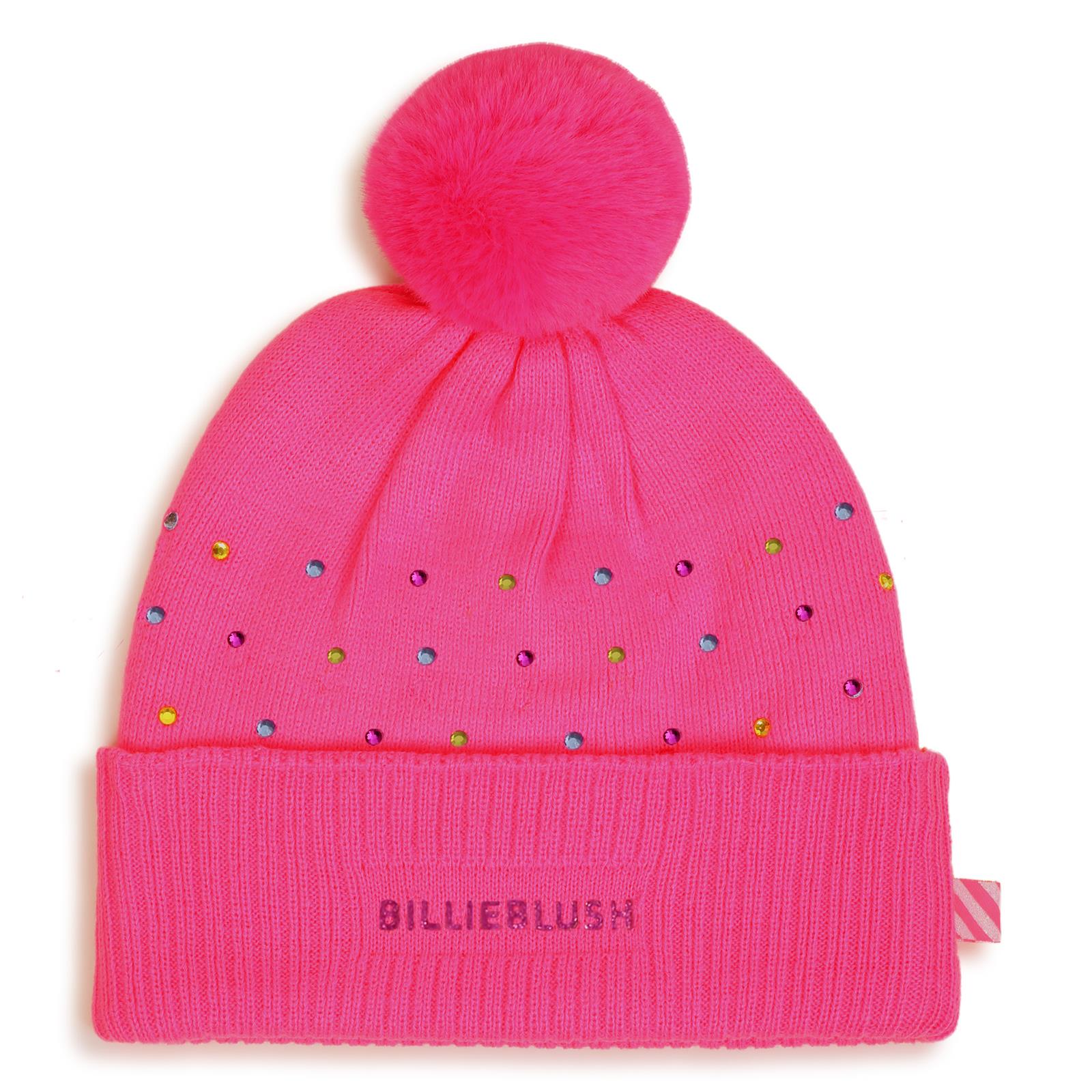 Beanie con multicolor strass. Eco-pelliccia pompom. Glitter brand. Double layer knit. A righe woven label on side. Composition : acrylic. Matched to snood u22518 e gloves u22541. U22499 47A BILLIE BLUSH KIDS