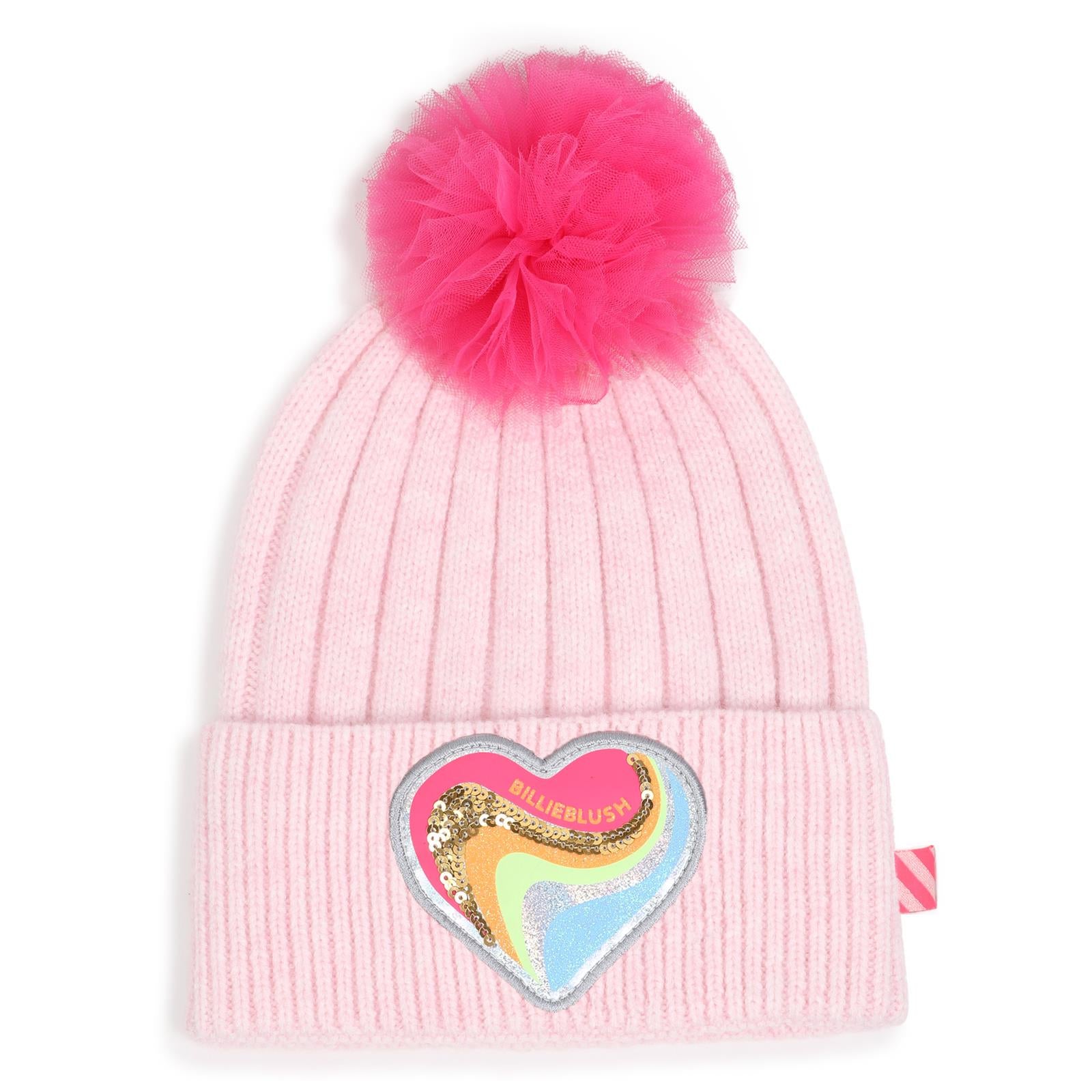 Beanie con mesh pompom. Paillettes e multicolor iridescent badge. Big costina knit. A righe woven label on side. Composition : pc / pl / ny. U22505 475 BILLIE BLUSH KIDS