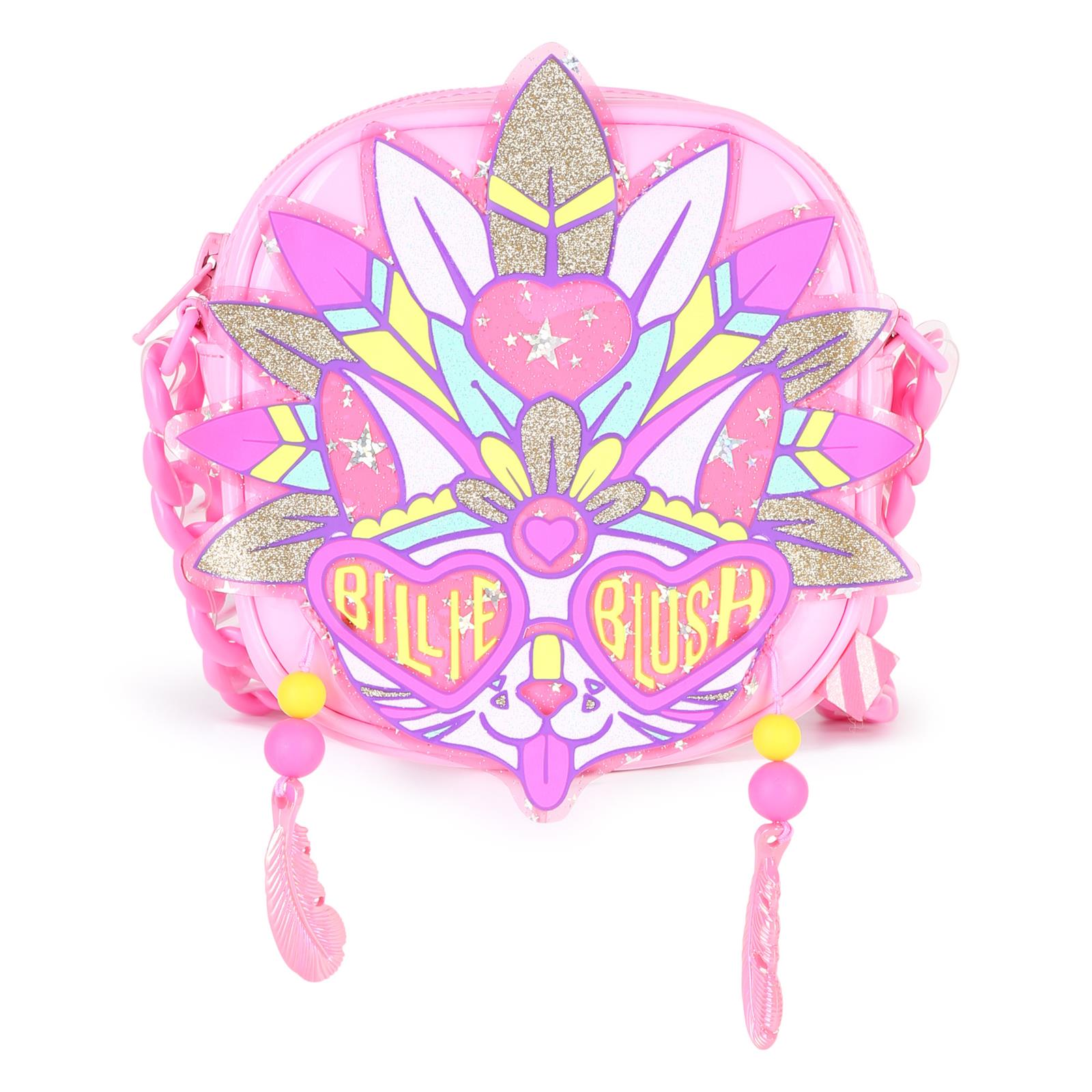 Cat handbag. Lucido simili. Glitter e neon illustrazione. Charms e beads gum effect. Gum plastic chain spalla strap. Chiusura con zip. A righe woven label. Matched to small backpack u22535. Dimensions : 12x12x4 cm. U22520 462 BILLIE BLUSH KIDS