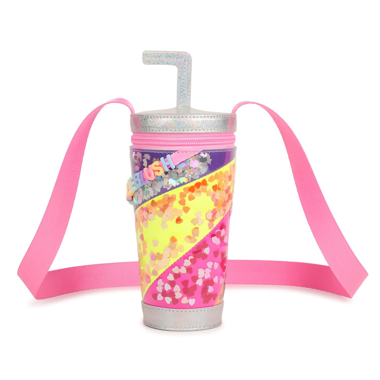 Milkshake handbag. Iridescent simili. Letters beads. Rainbow illustrazione con multicolor confettis under clear material. Webbing spalla strap. Chiusura con zip. A righe woven label. Matched to small backpack u22533. Dimensions : 17,5x8,5 cm. U22523 111 BILLIE BLUSH KIDS