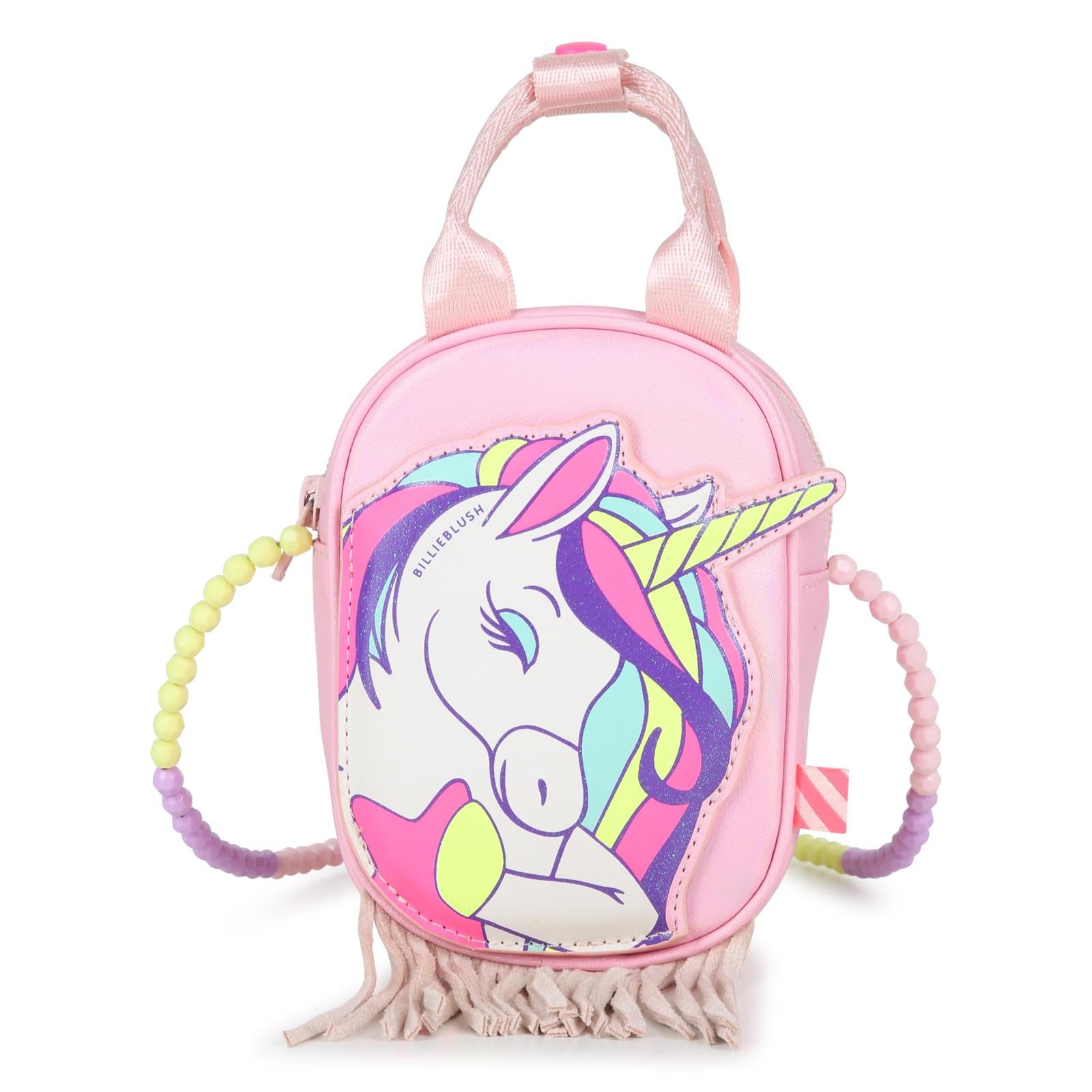 Unicorn handbag. Iridescent pinkish simili. Glow nel dark unicorn illustrazione, puff effect. Small handles con snap. Fringes sul fondo. Facets beads spalla strap. Chiusura con zip. A righe woven label. Dimensions : 15x10,5x5 cm. U22526 467 BILLIE BLUSH KIDS