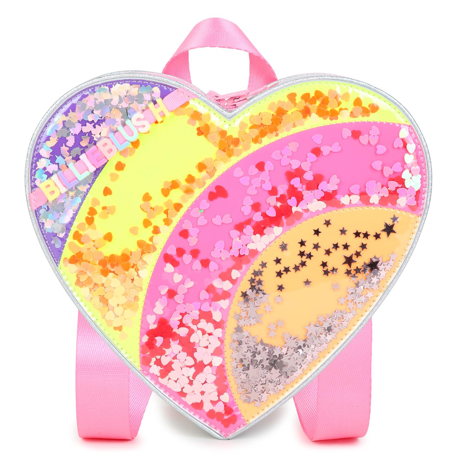 Cuore small backpack. Iridescent simili. Letters beads. Rainbow illustrazione con multicolor confettis under clear material. Regolabile spalla straps. Chiusura con zip. A righe woven label. Matched to handbag u22523. Dimensions : 22x24x6 cm. U22533 111 BILLIE BLUSH KIDS