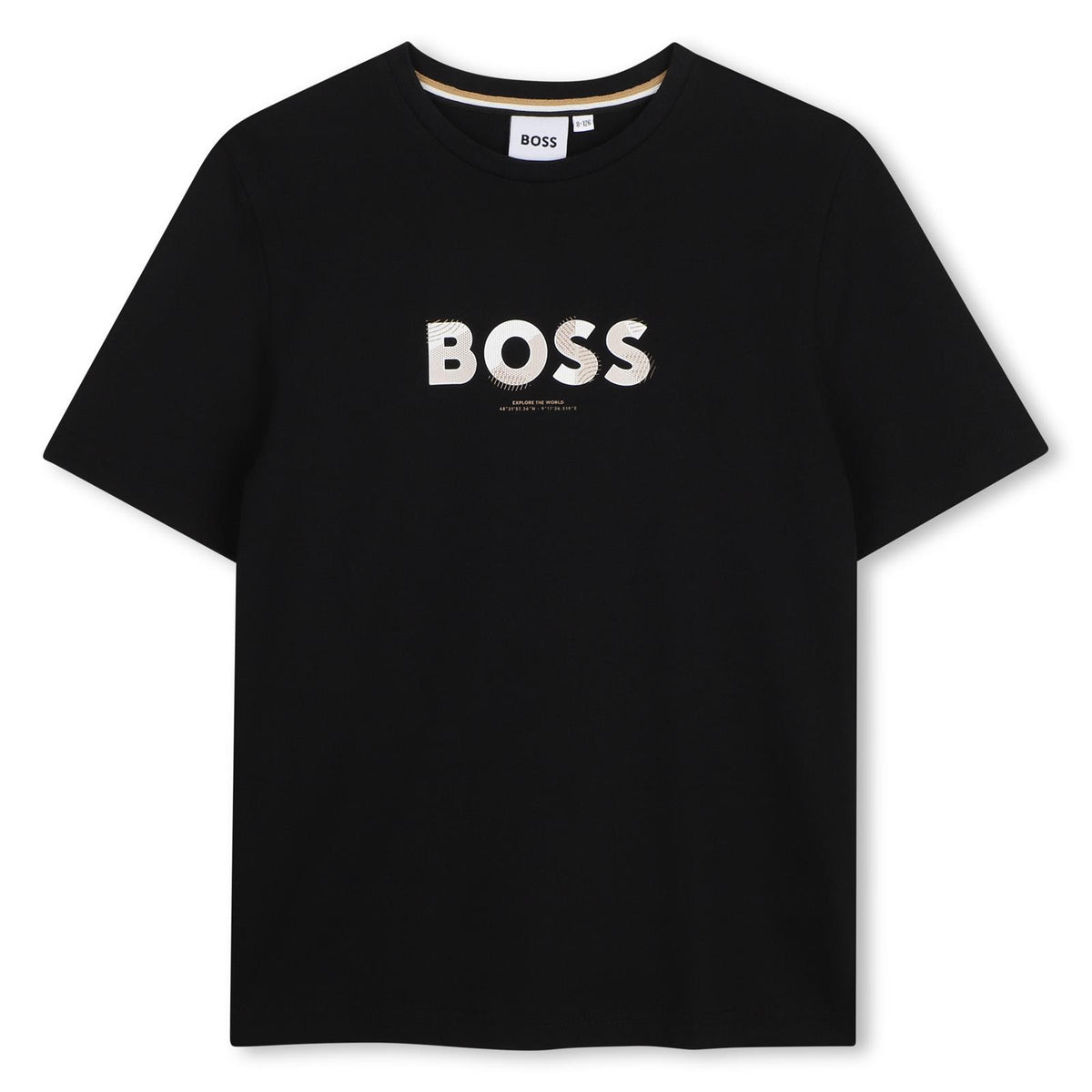 Short-sleeved cotton jersey t-shirt. Reworked boss logo centered on chest. J53404 09B BOSS KIDSWEAR