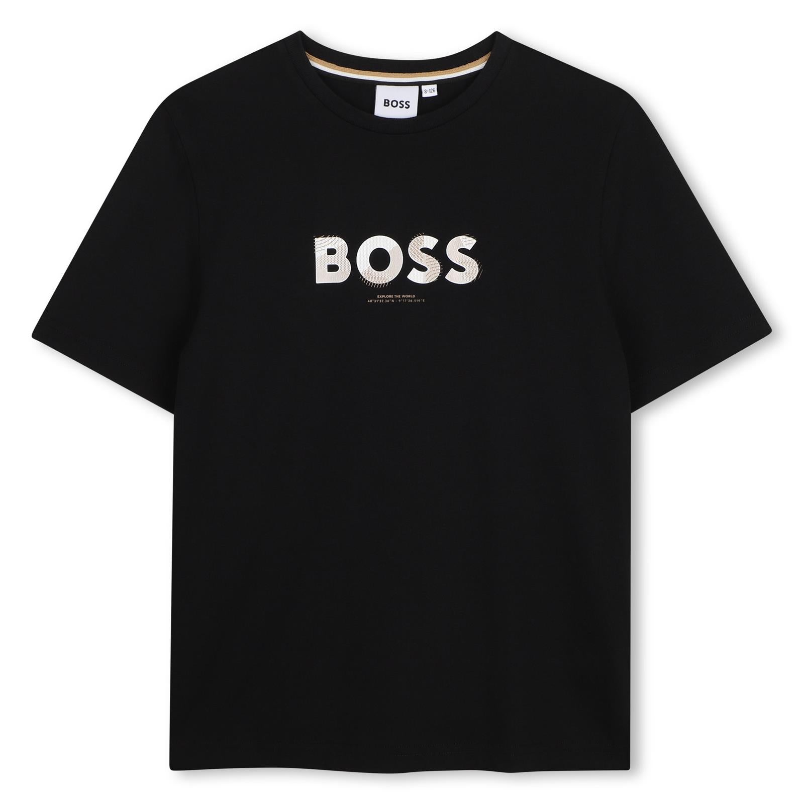 Short-sleeved cotton jersey t-shirt. Reworked boss logo centered on chest. J53404 09B BOSS KIDSWEAR
