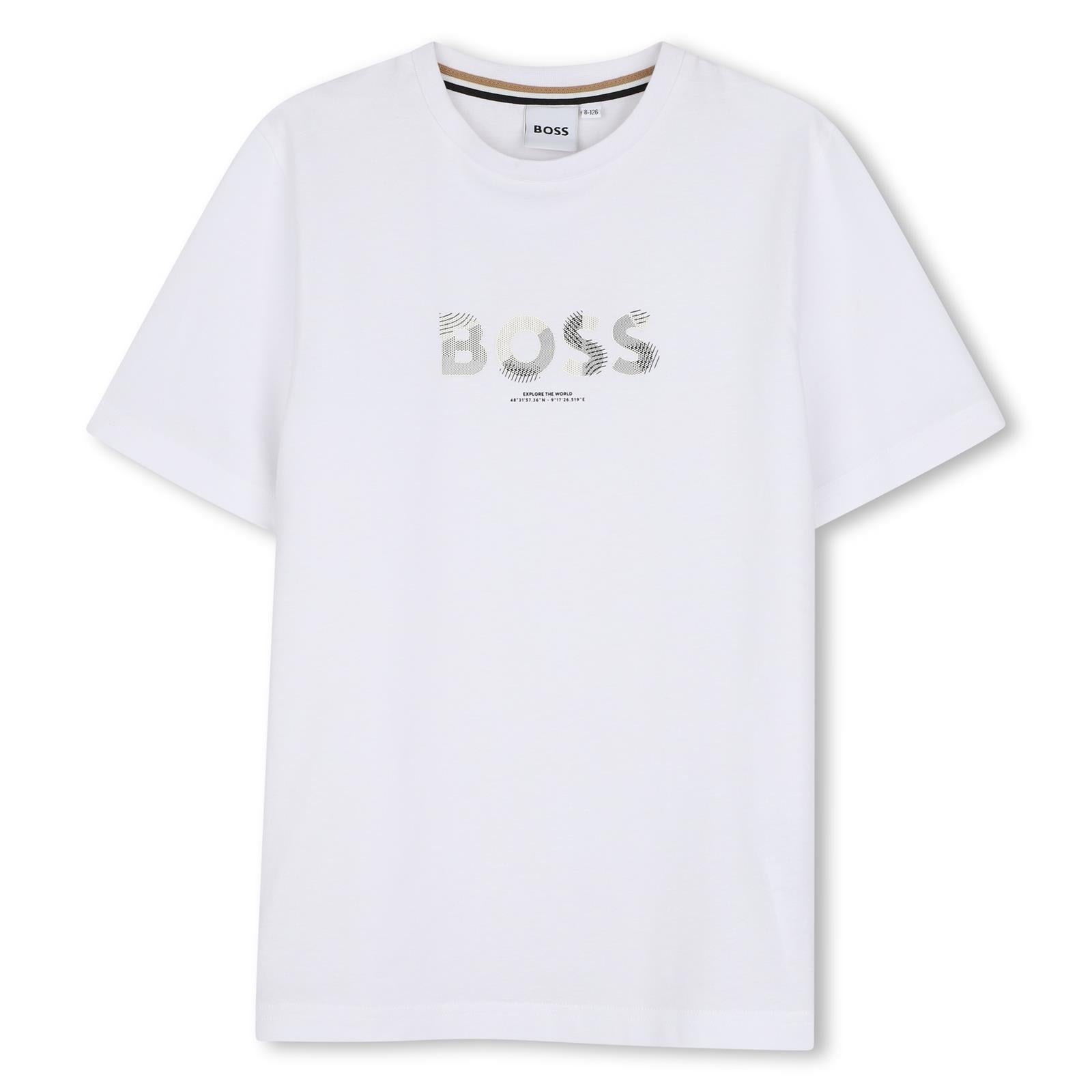 Short-sleeved cotton jersey t-shirt. Reworked boss logo centered on chest. J53404 10P BOSS KIDSWEAR