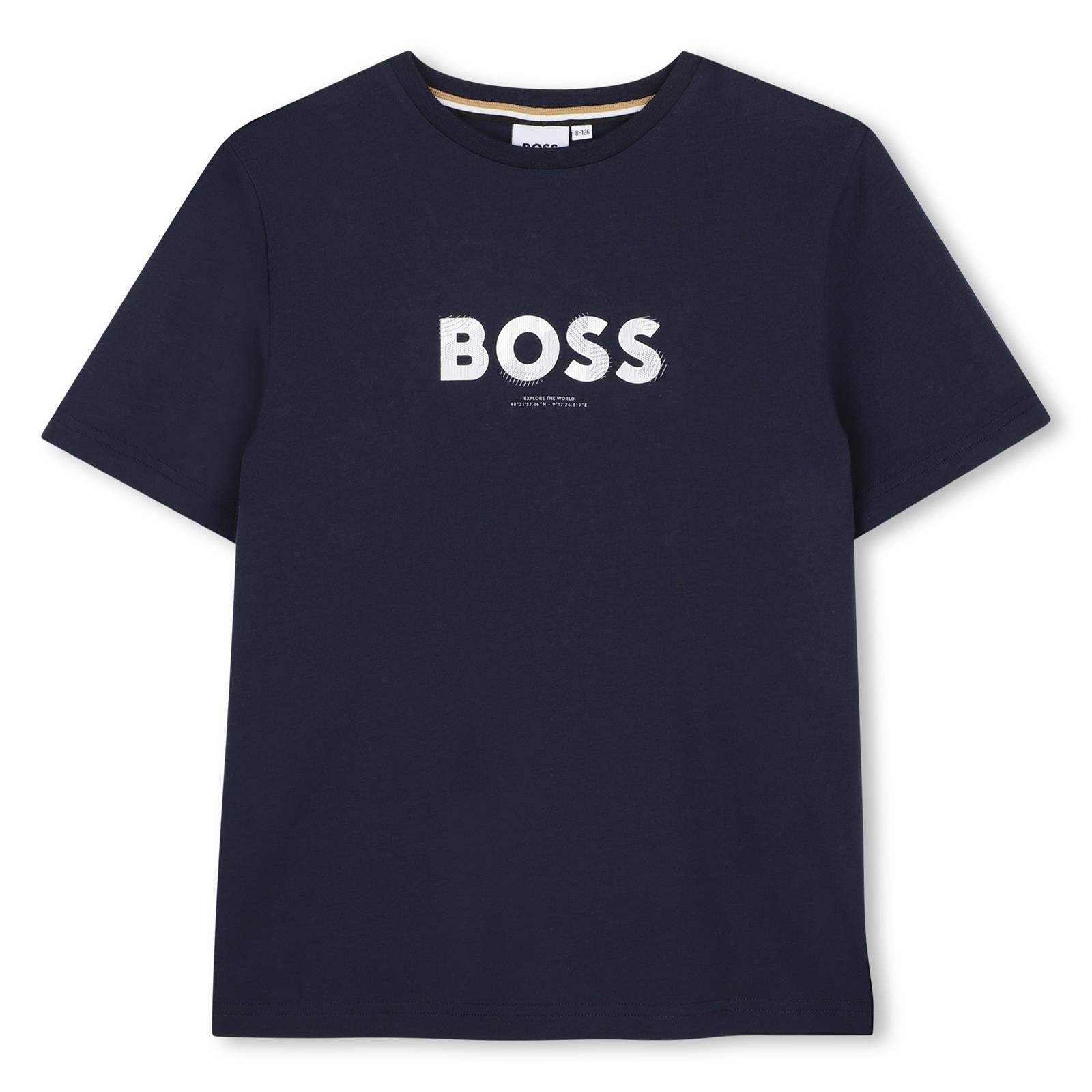 Short-sleeved cotton jersey t-shirt. Reworked boss logo centered on chest. J53404 849 BOSS KIDSWEAR
