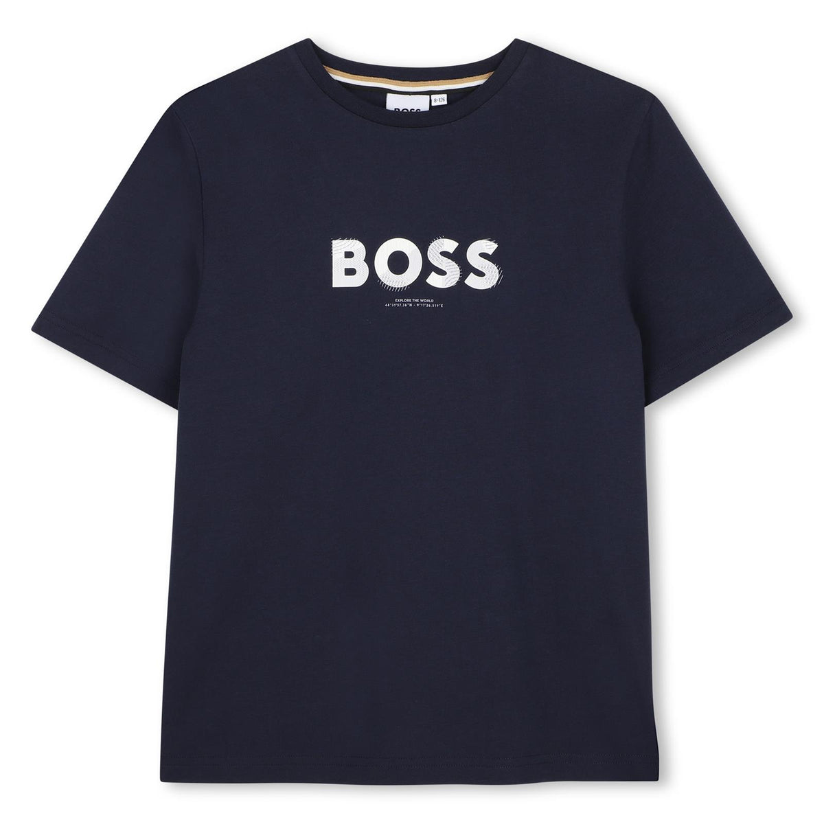 Short-sleeved cotton jersey t-shirt. Reworked boss logo centered on chest. J53404 849 BOSS KIDSWEAR