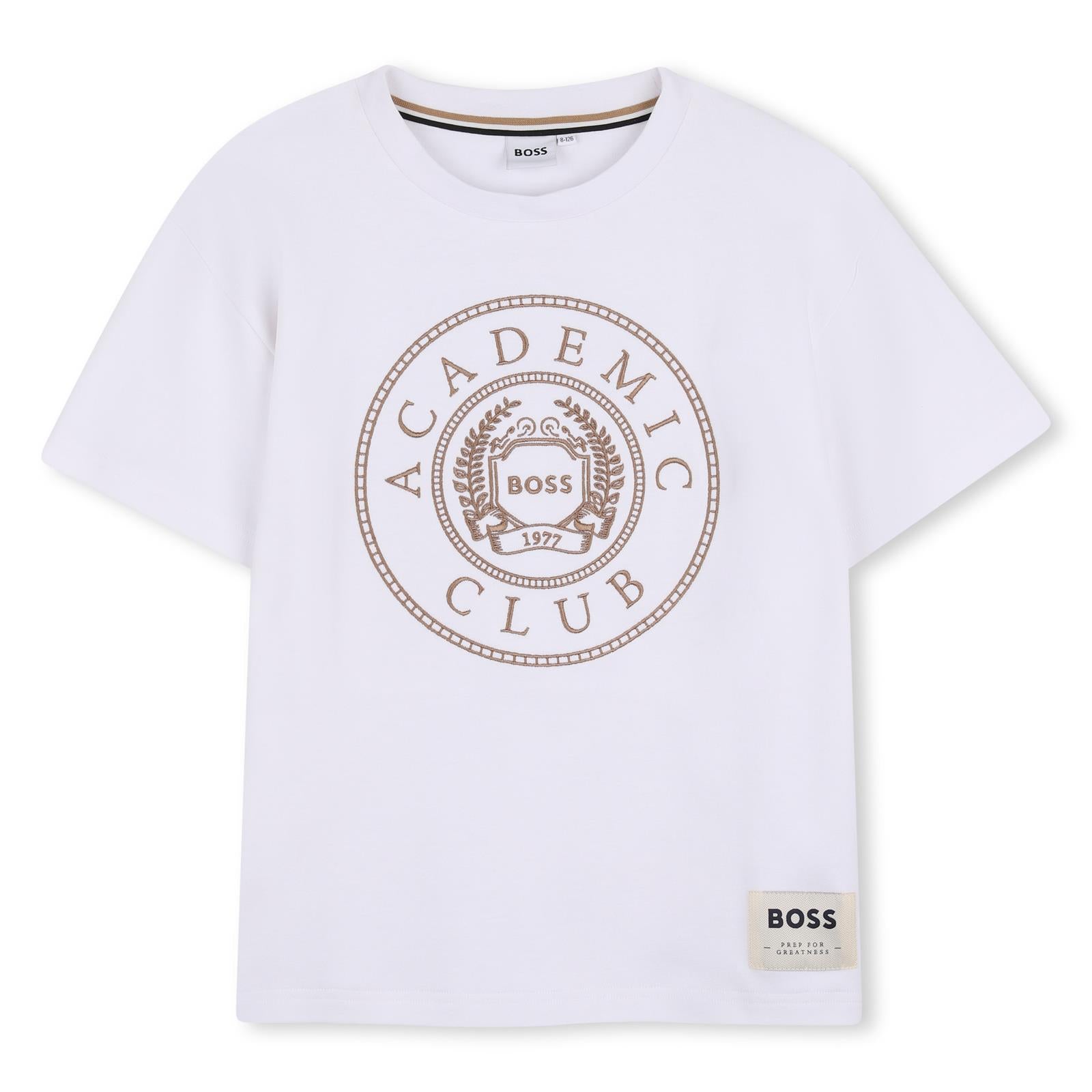 Retro to school - short-sleeved interlock tee con ricamo centered on chest. Woven label on fondo left. Vestibilità morbida. J53411 10P BOSS KIDSWEAR