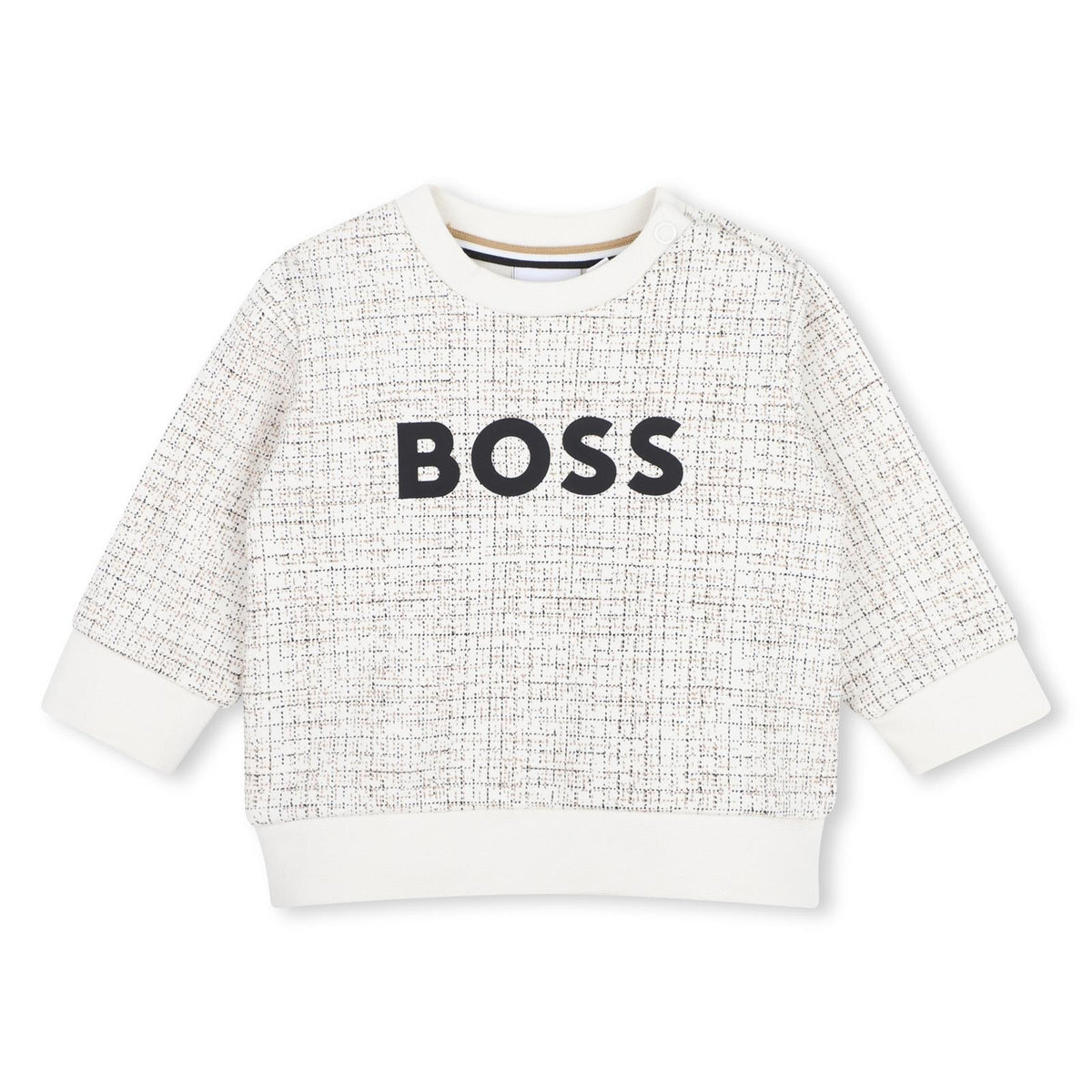 Fleece sweatshirt con iconic check pattern. Round neck e chiusura con bottoni automatici al spalla. Large boss logo centered sul chest. J53496 120 BOSS KIDSWEAR