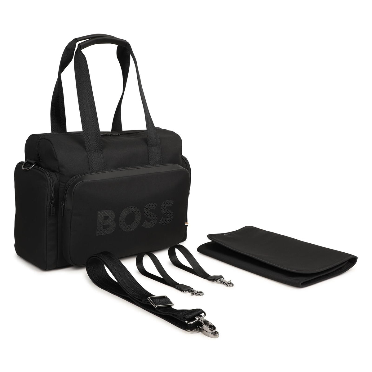 Changing bag in matt polyester e gum effect simili (in details). Double b all-over stampa inside logo on davanti. Tricolor woven tab. Changing mat + 2 stroller straps + removable strap e handles in textured jacquard. External large tasche. Tasche on J53561 09B BOSS KIDSWEAR