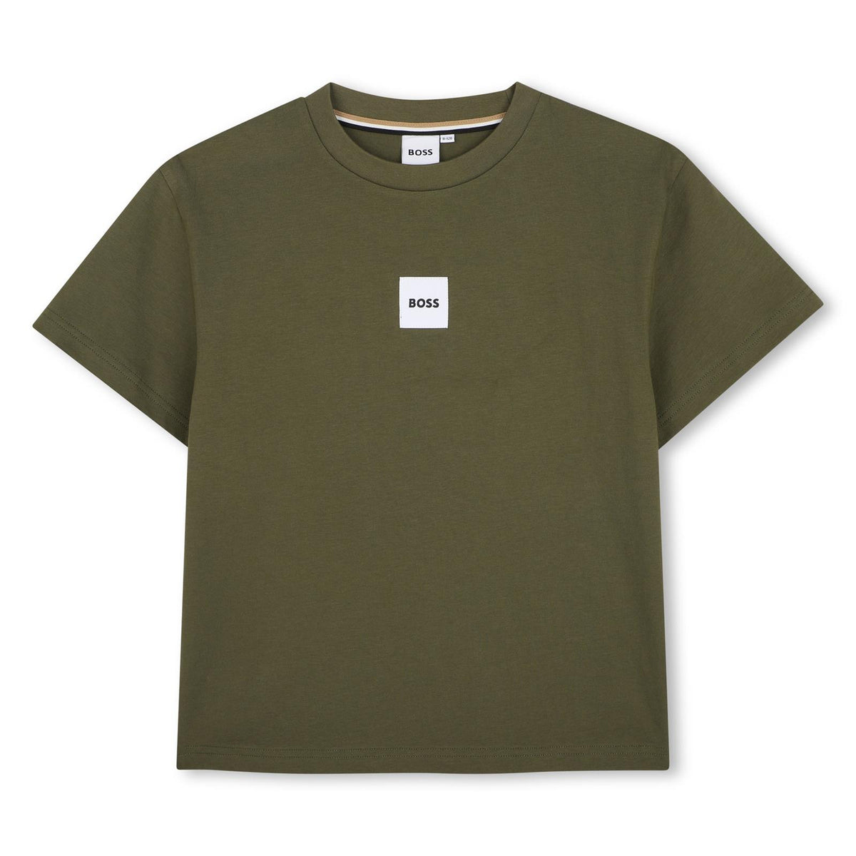 Short-sleeved jersey t-shirt, cotton. Woven label centered sul chest. Vestibilità morbida. J53604 63D BOSS KIDSWEAR