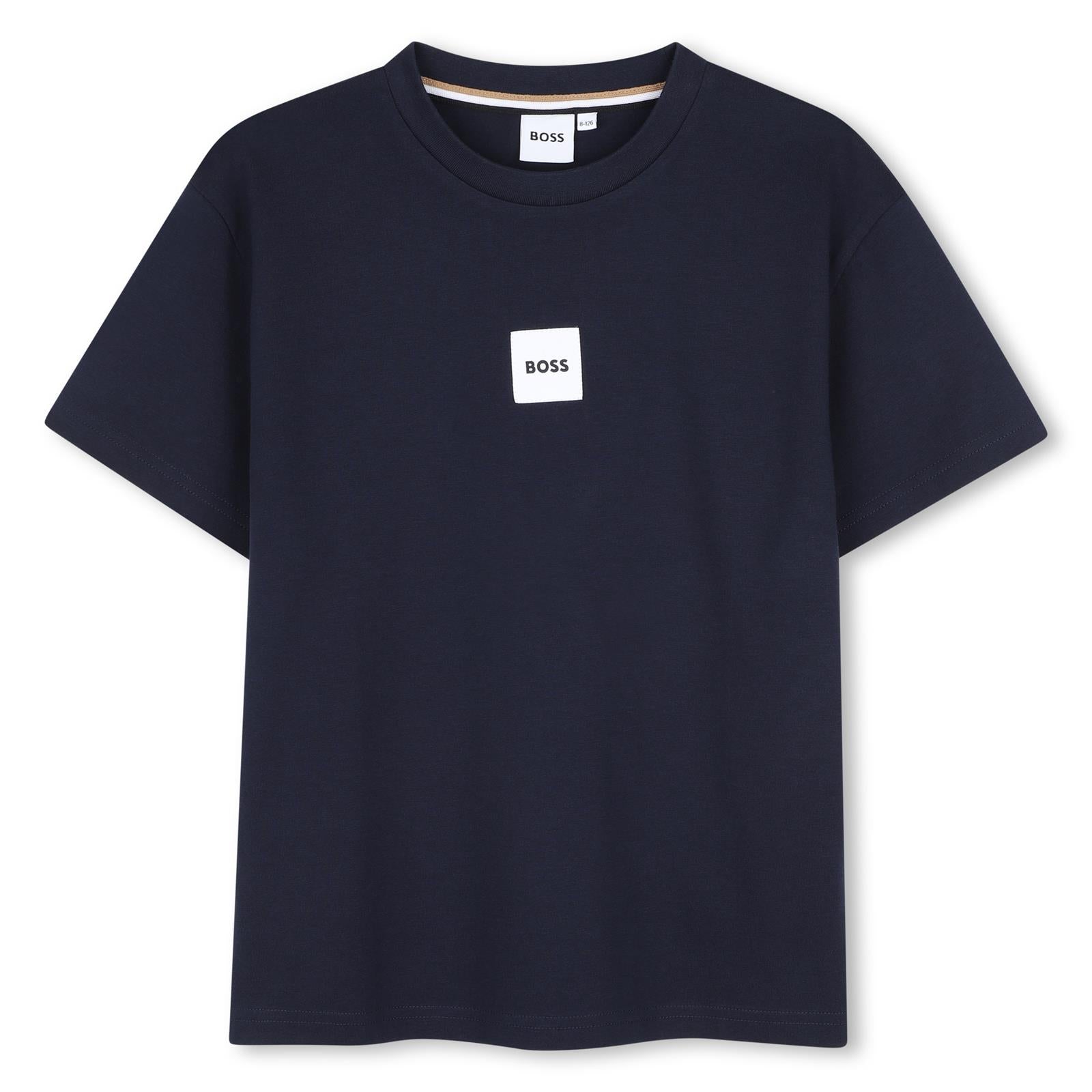 Short-sleeved jersey t-shirt, cotton. Woven label centered sul chest. Vestibilità morbida. J53604 849 BOSS KIDSWEAR